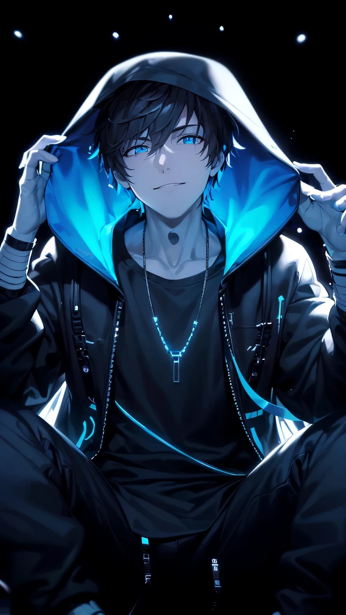 a handsome guy、serious expression、please close your mouth、He is wearing a black hoodie and has his hood up.、cool look、blue neon light、Highly Detailed CG Unity 8K Wallpaper, (super masterpiece, beautiful person, well detailed face polluted smile, It's photorealistic, hyper realistic)