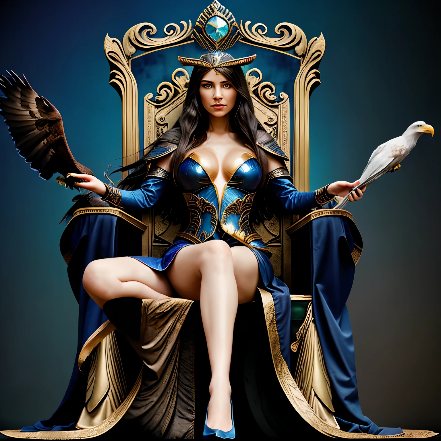 Sorceress woman sitting on the throne with an eagle in her right hand