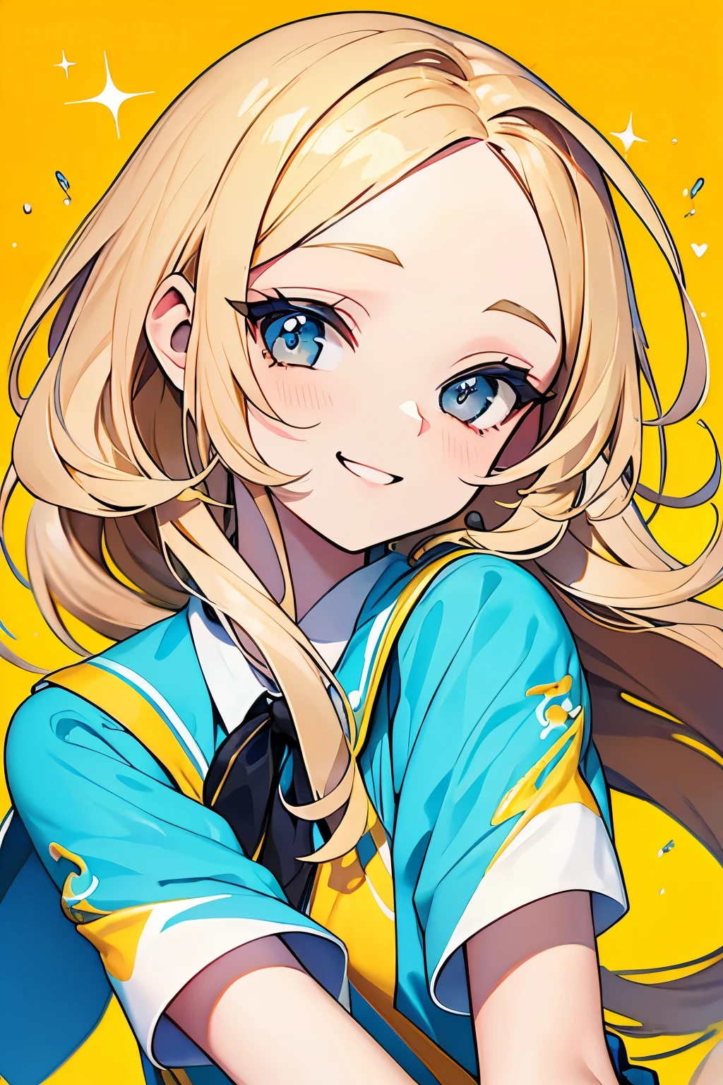 (Top Quality, Masterpiece), 12 year old girl, pretty face, delicately drawn, long eyelashes, big, round eyes, clear dark eyes, beautiful golden hair, forehead, vivid, colorful, pastel, lots of stars, yellow background, many colorful splashes, super detailed, high quality, top quality, 1080p, hd, ((Masterpiece)), top quality, 8k, hdR, smile,