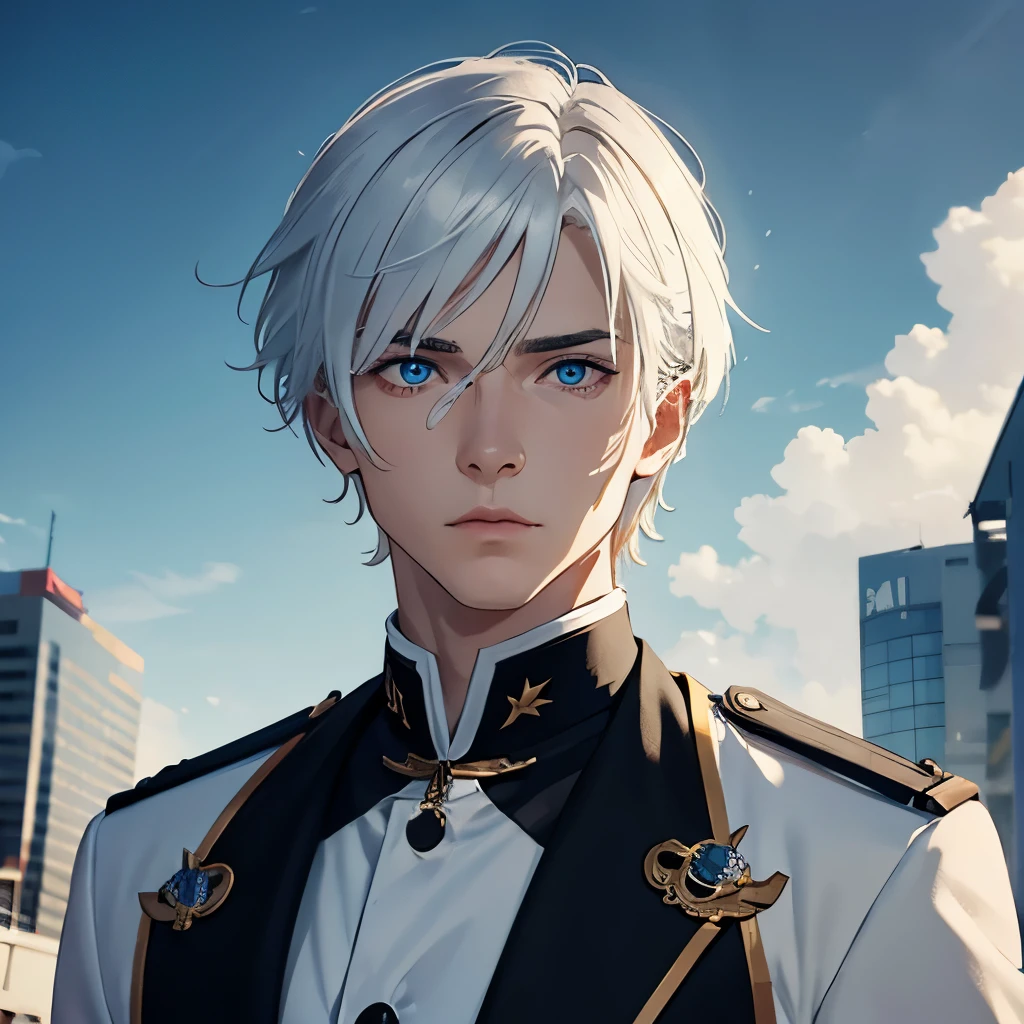 Boy, white hair, blue eyes, serious sharp features, white skin, uniform