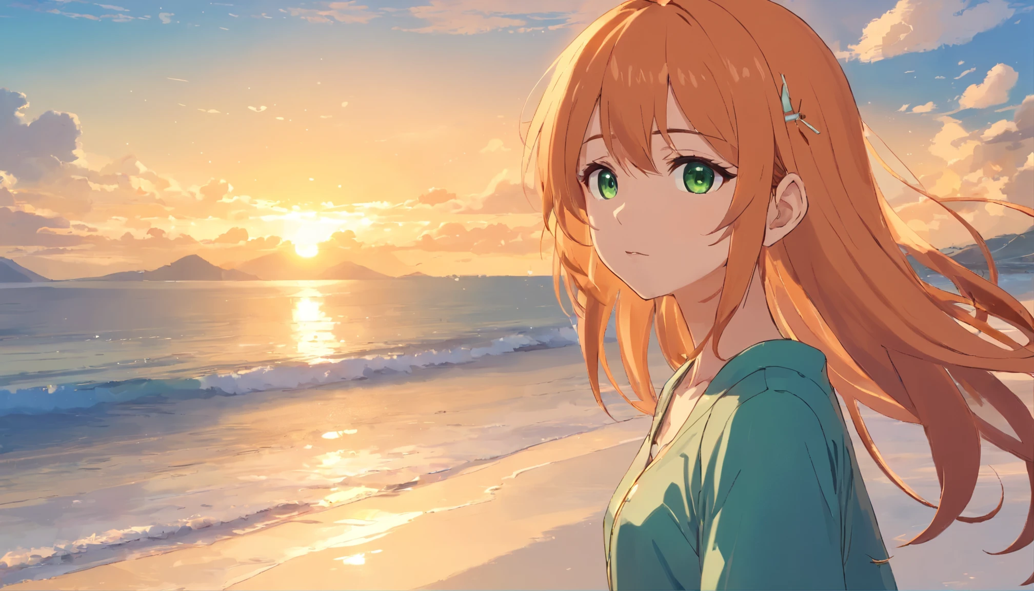 Anime girl with long orange hair, standing on the beach near the ocean, green eyes detailed digital anime art, Anime girl with long hair, гладкое аниме cg art, Anime girl with long hair, digital anime art, work in Guweiz style, Beautiful anime portrait, Photorealistic render of an anime girl, Beautiful anime girl, advanced digital anime art, guweiz на artstation pixiv HD UHD HQ