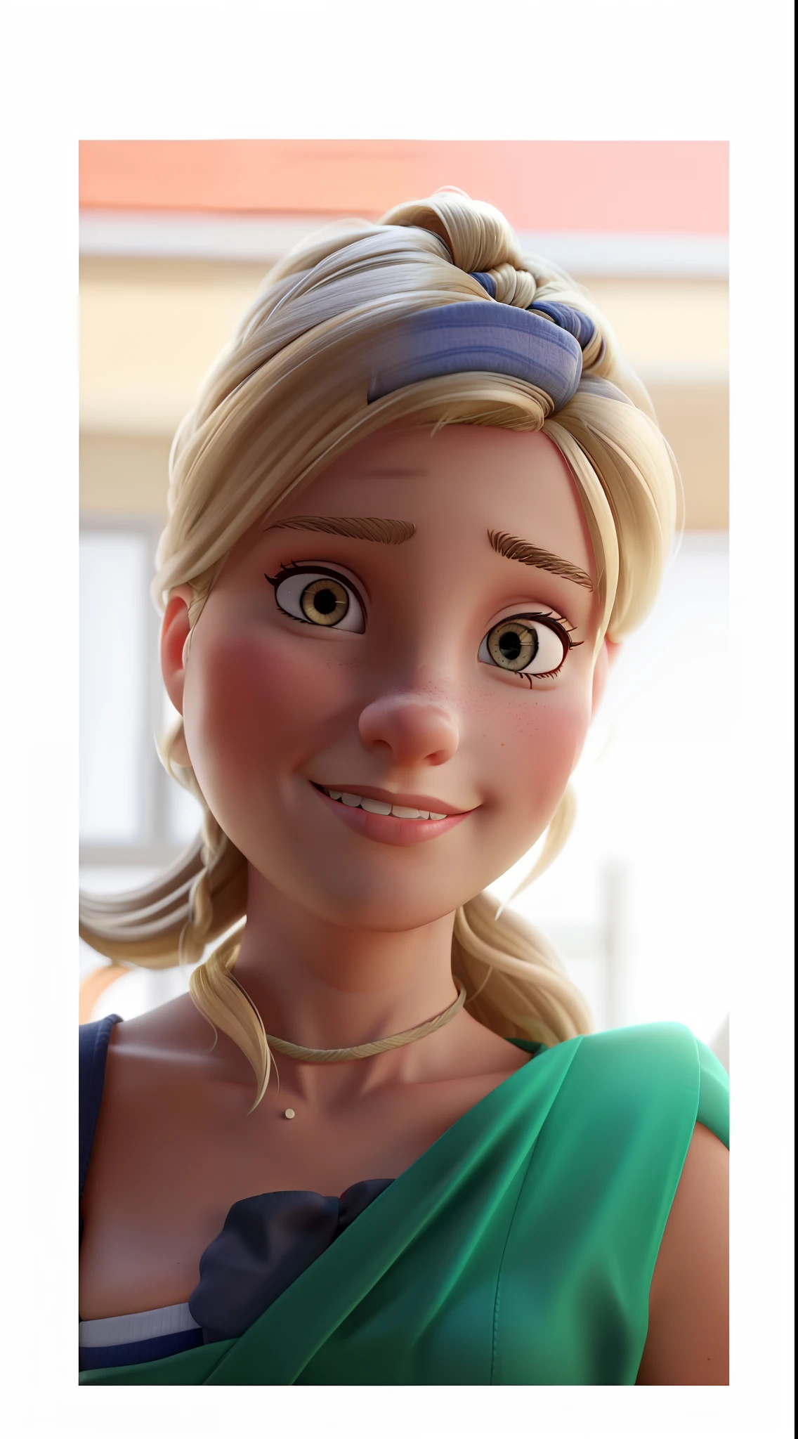 A 40-year-old woman, blonde, with tied up hair.