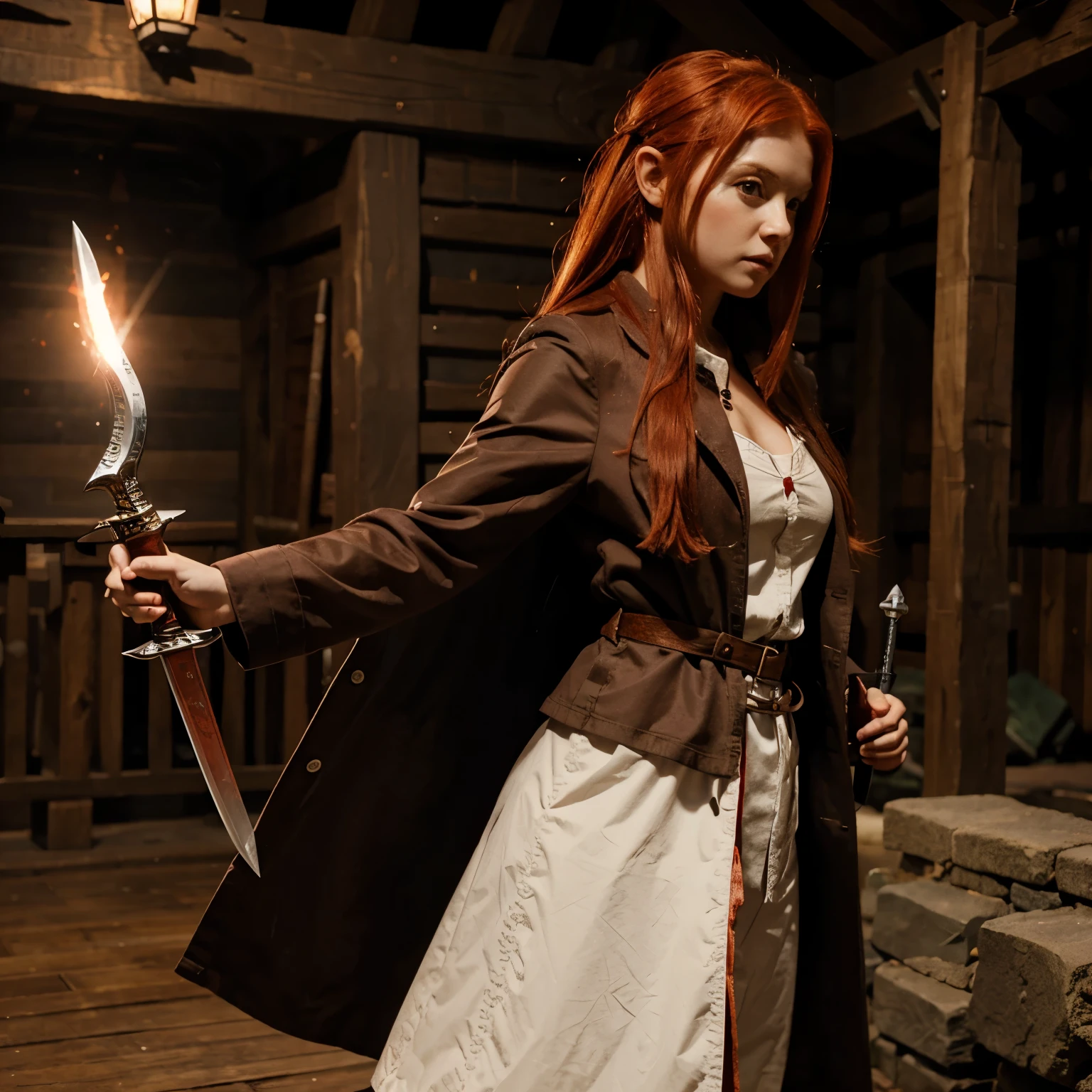 Female gnome red hair long coat sword
