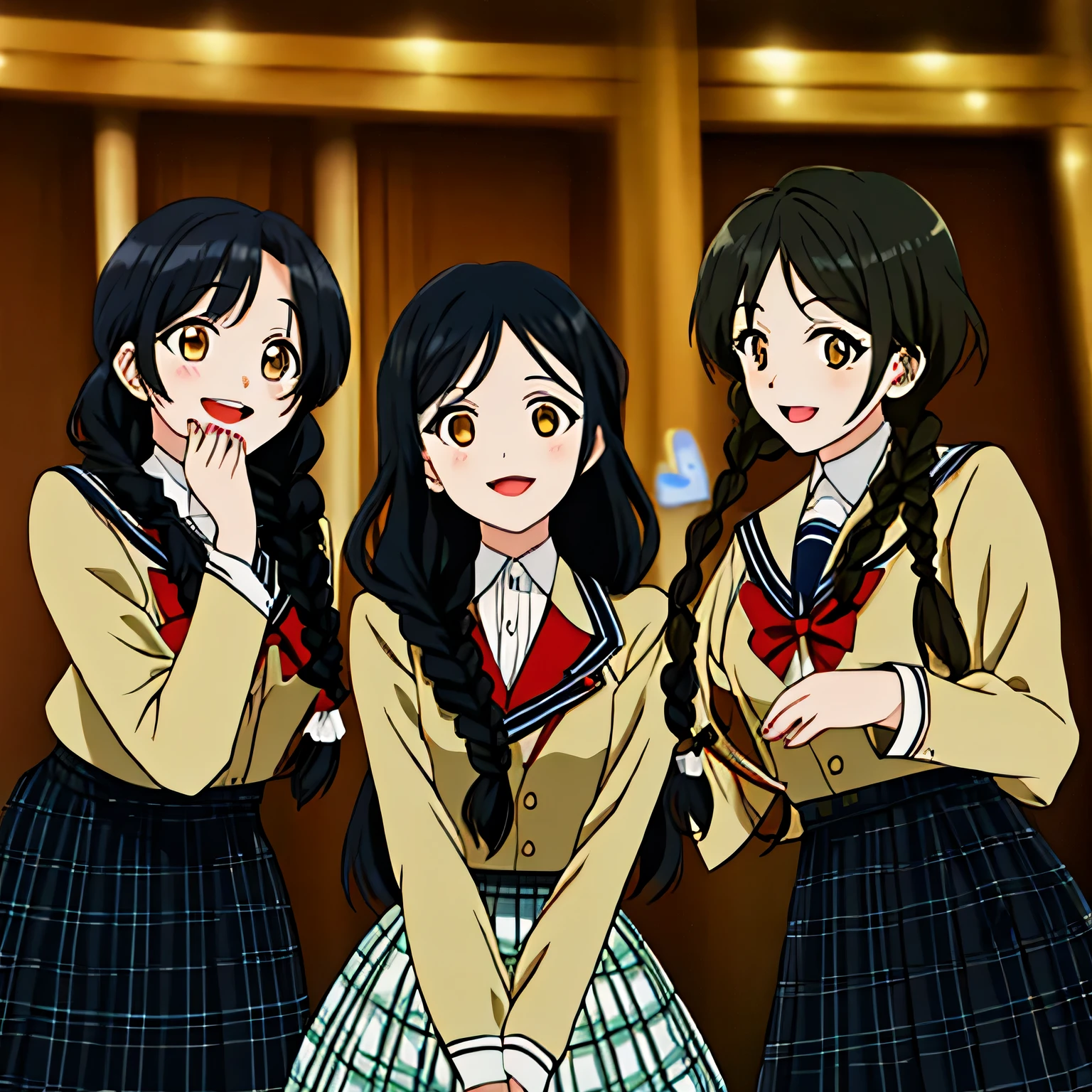 highest quality, (masterpiece:1.2), very detailed, caravaggio style, three girls are singing a chant, 1 girl, Open your mouth with lipstick on it, nice smile, brown eyes, (((black hair))), , long braids, big shiny hair clip, school uniform, Dark blue and navy plaid skirt, middle long skirt, white shirt, A luxurious navy blazer with a golden emblem on the left chest, big red ribbon on the chest, lipstick、very shiny hair、laughter、bright look、The light makes my face and hair shine, The corners of the eyes are drooping, cute braids, I'm so happy I can jump up, The expression of a maiden in love, (((twin braid hair))), The skirt fabric has a beautiful deep blue checkered pattern., A shy expression staring at the viewer, soprano voice, He looks up diagonally and sings with the most joyful expression on his face.