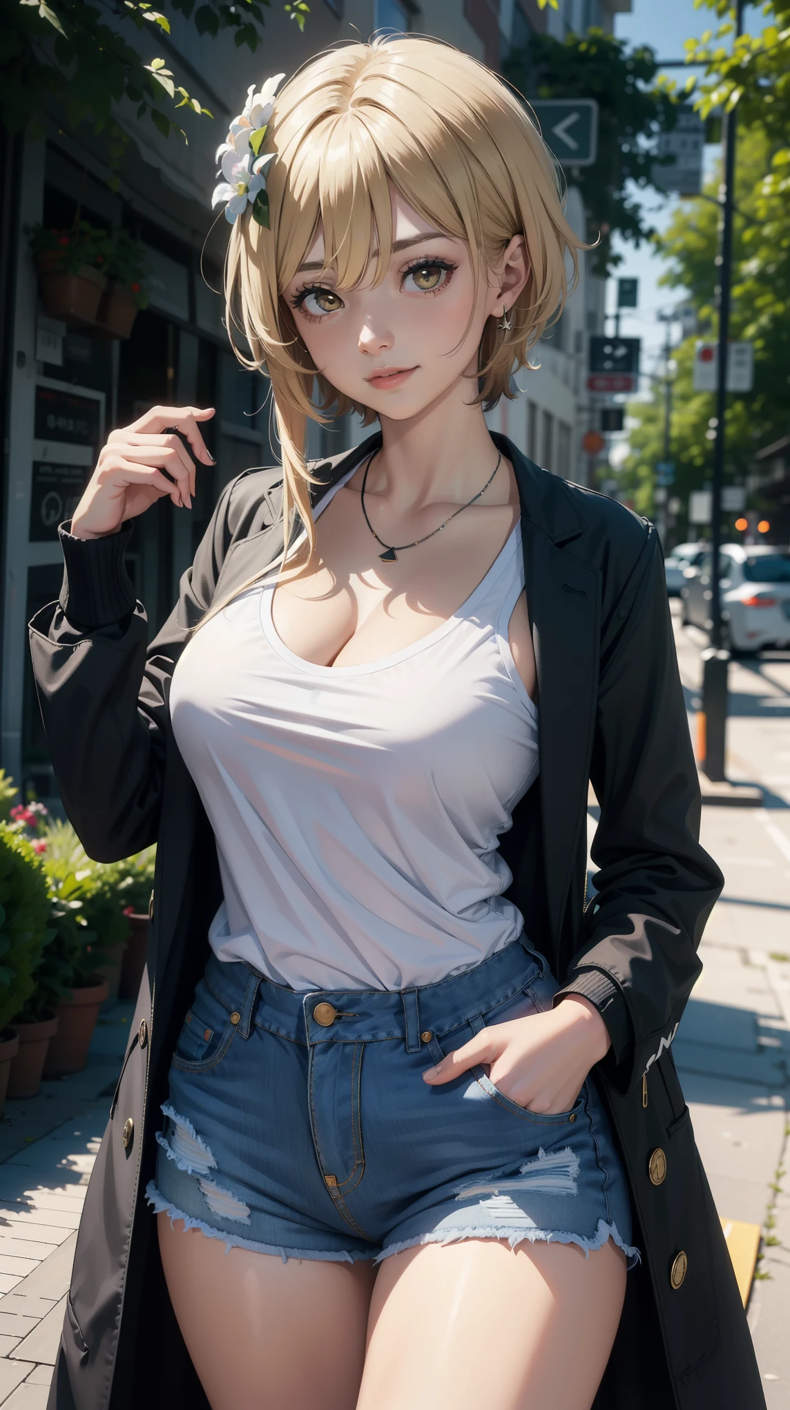 (Solo:1.5),Masterpiece, high quality, 8k, ultra detail, ((luminernd)) ,standing, outdoors, (big breast), (white shirts:1.5), (shorts jeans:1.5), smile, (detailed face), (cleavage), (black coat)