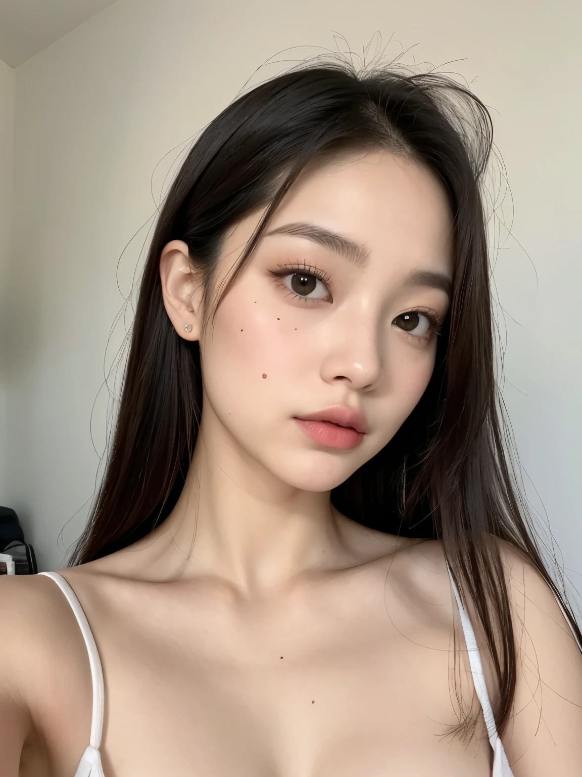 Kim Jennie de blackpink con el cabello rubio claro, cabello rubio con ondulado, cabello de color rubio ondulado, with small fringes, ojos color negro, nariz respingada y bonita, labios gruesos, Cupid and heart shaped lips..., labios rosas, pale, piel blanca, piel bonita y suave, con pecas y lunares, cejas bonitas, marked and beautiful clavicle, mientras tiene un polo con rosas color rojo tinto, rojo oscuro, con ropa interior femenina, abdomen delgado y bonito, escote desnudo, (pechos grandes, pechos suaves, pechos naturales, escote desnudo), mientras agarra una rosa, mirando a la camara, autofoto