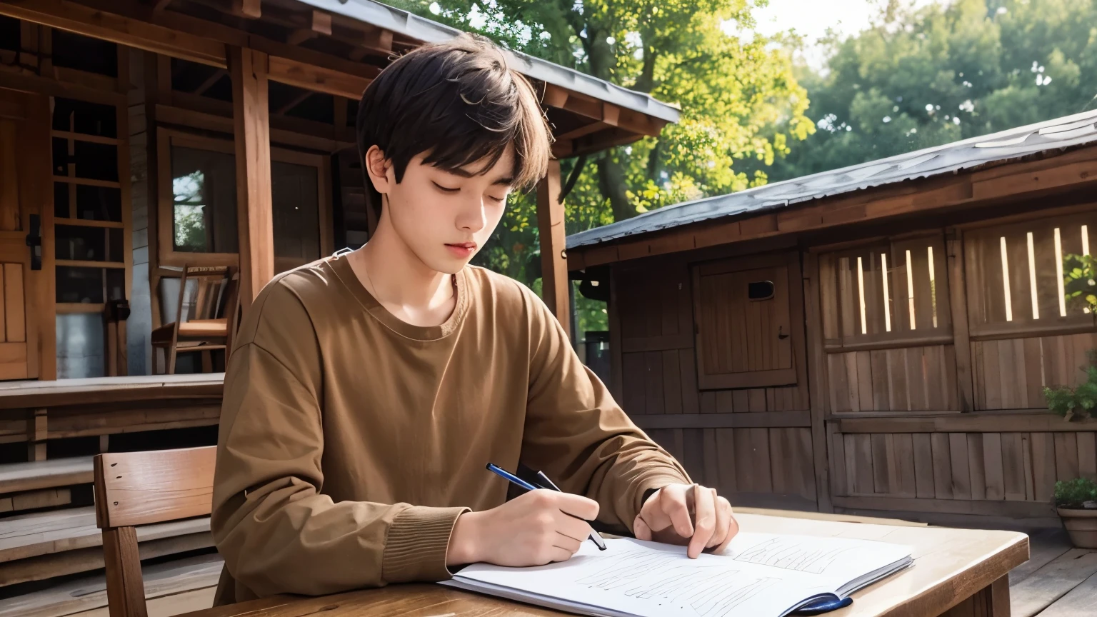 1 man, 20 year old , sitting and writing, Focus on writing a book, The background is a wooden house., Old brown shirt ,