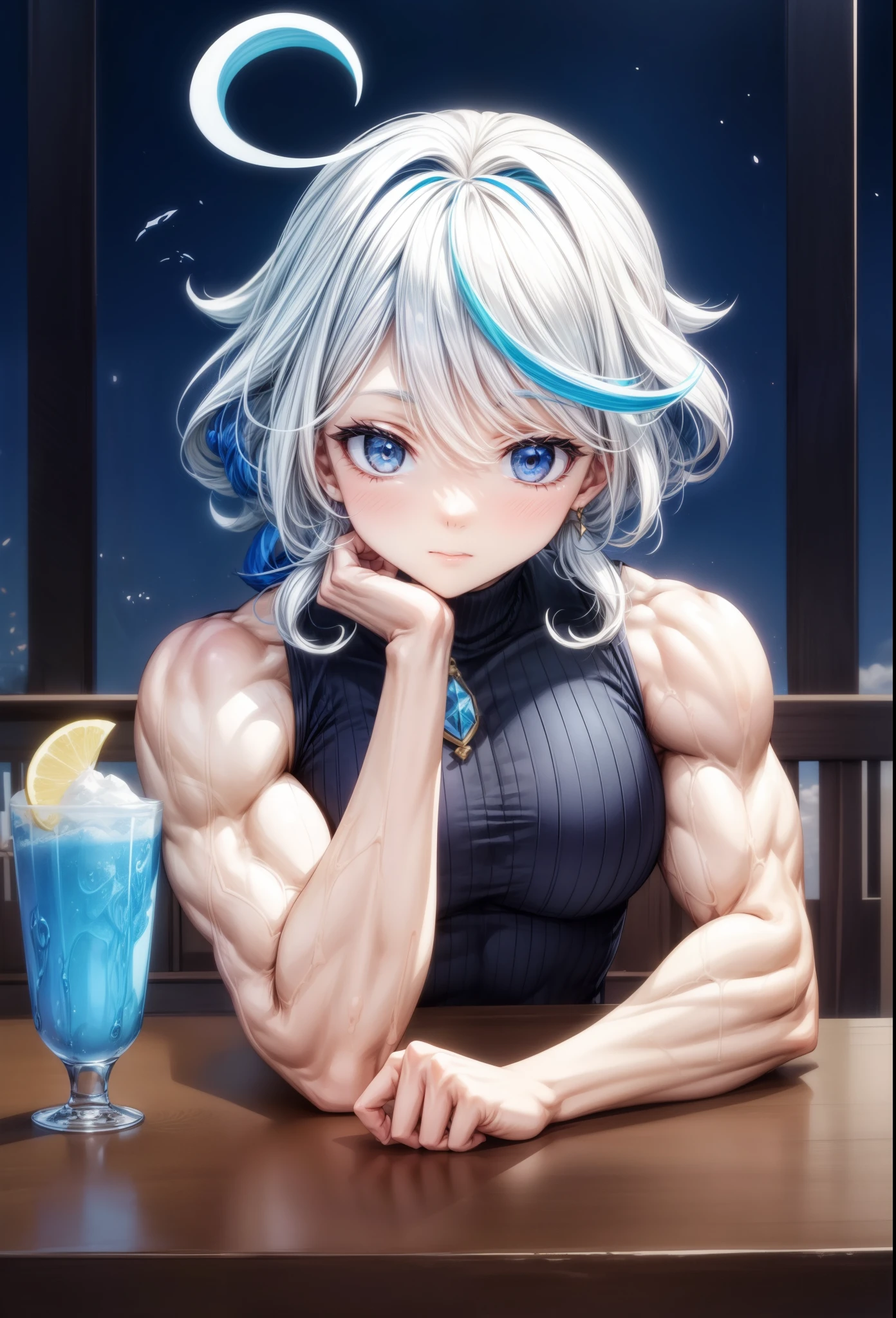  furina,best quality,girl, biceps, muscular ,alternate muscle size,upper body,pecs, thick arms, broad shoulders, furina (genshin impact) ,