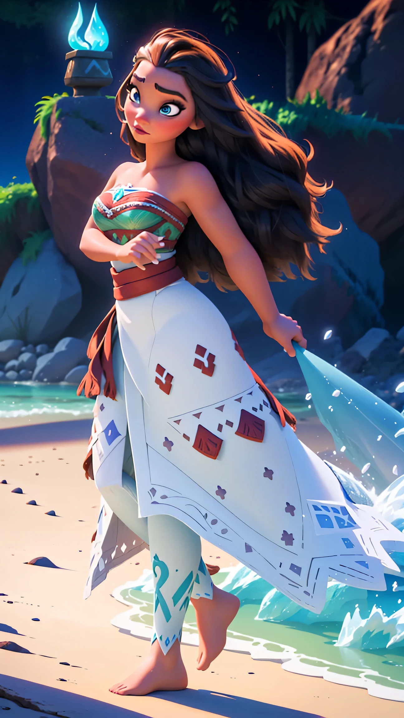 Elsa-Moana Fusion, Mesclando modelos, Roupas da Moana, melting, 1girl, Beautiful, Character, Woman, Female, Praia, (master part:1.2), (melhor qualidade:1.2), (Solo:1.2), ((pose de luta)), ((campo de batalha)), cinemactic, olhos perfeitos, pele perfeita, perfect lighting, sorrir, luz, cor, pele texturizada, detalhe, Beleza, maravilha, ultra-detalhado, rosto perfeito, full body view, full body view, big breasts