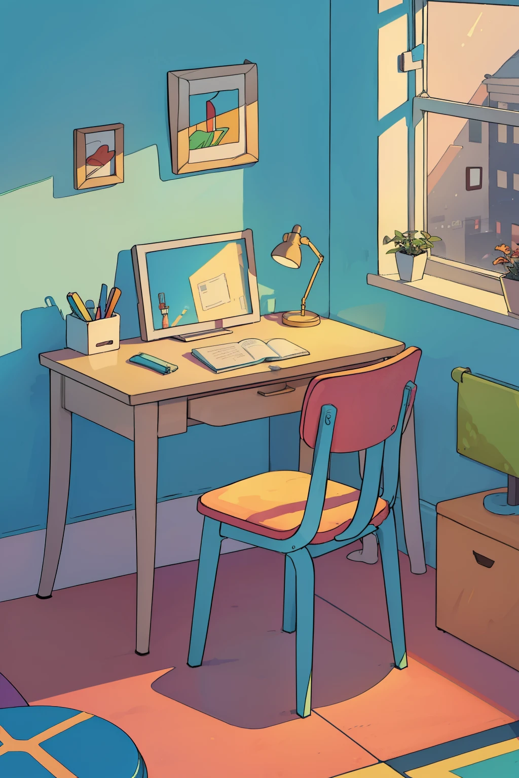 A cartoon-style study table sits in the heart of a vibrant room, devoid of people. The table, with its simple design, features rounded edges and bright primary colors. The chair adjacent to it is similarly adorned with cheerful hues that add a splash of playfulness to the scene.

The room itself is a feast for the eyes, filled with an array of colors that dance off the walls in a harmonious blend. The sun pours in through a large window, casting a warm glow over the scene. Light bounces off the walls adorned with abstract patterns, reflecting off the glossy surface of the study table.

Despite the absence of people, the