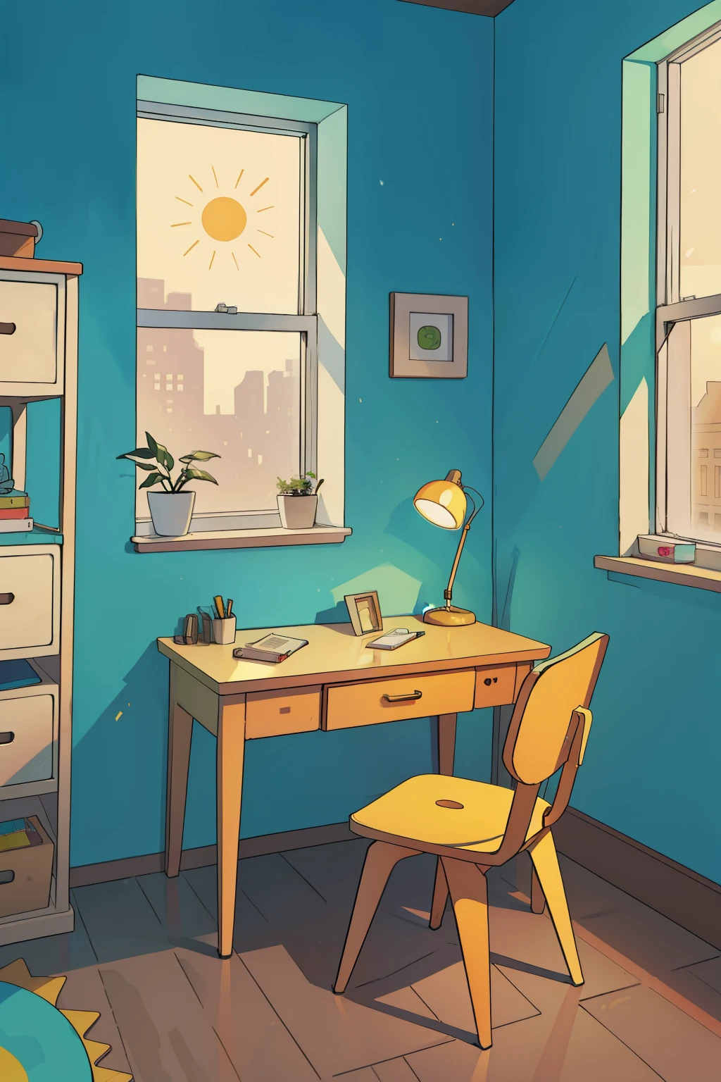 A cartoon-style study table sits in the heart of a vibrant room, devoid of people. The table, with its simple design, features rounded edges and bright primary colors. The chair adjacent to it is similarly adorned with cheerful hues that add a splash of playfulness to the scene.
The room itself is a feast for the eyes, filled with an array of colors that dance off the walls in a harmonious blend. The sun pours in through a large window, casting a warm glow over the scene. Light bounces off the walls adorned with abstract patterns, reflecting off the glossy surface of the study table.
Despite the absence of people, the