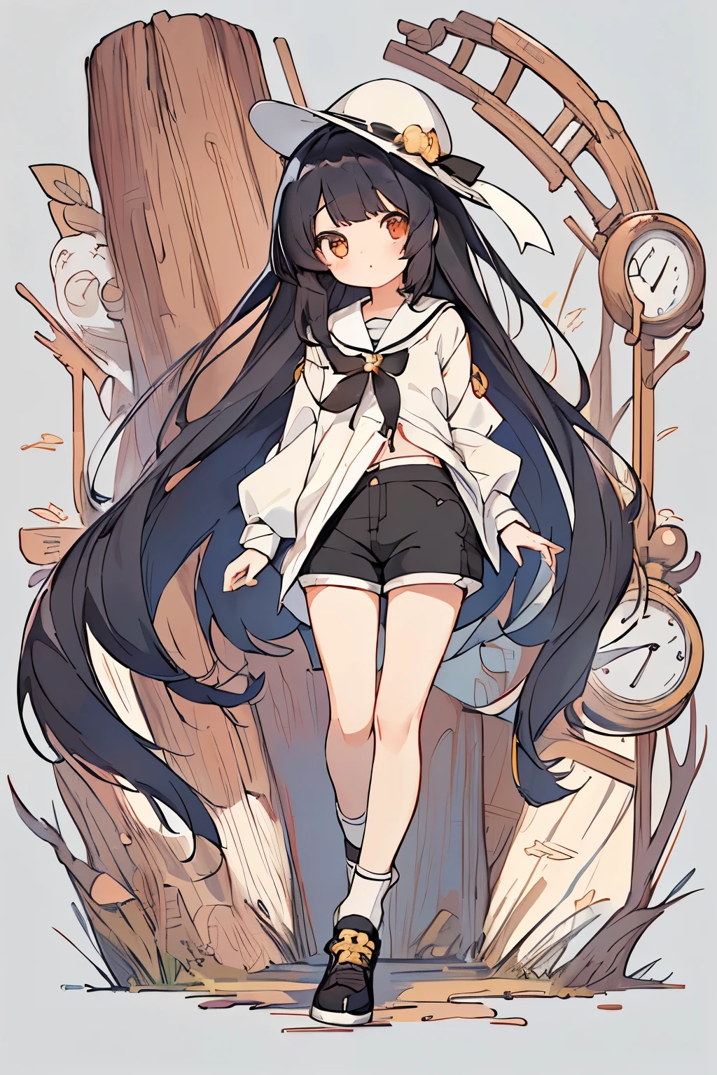 highest quality、masterpiece、full body figure、(anime style)、absurd、High resolution、beautiful background、black hair、straight hair、long hair、()、(可愛いpetiteな女の子、、 girl:1.5)、clear、Ladylike、Lady、(Chino Shorts:1.5)、Mature look、smile