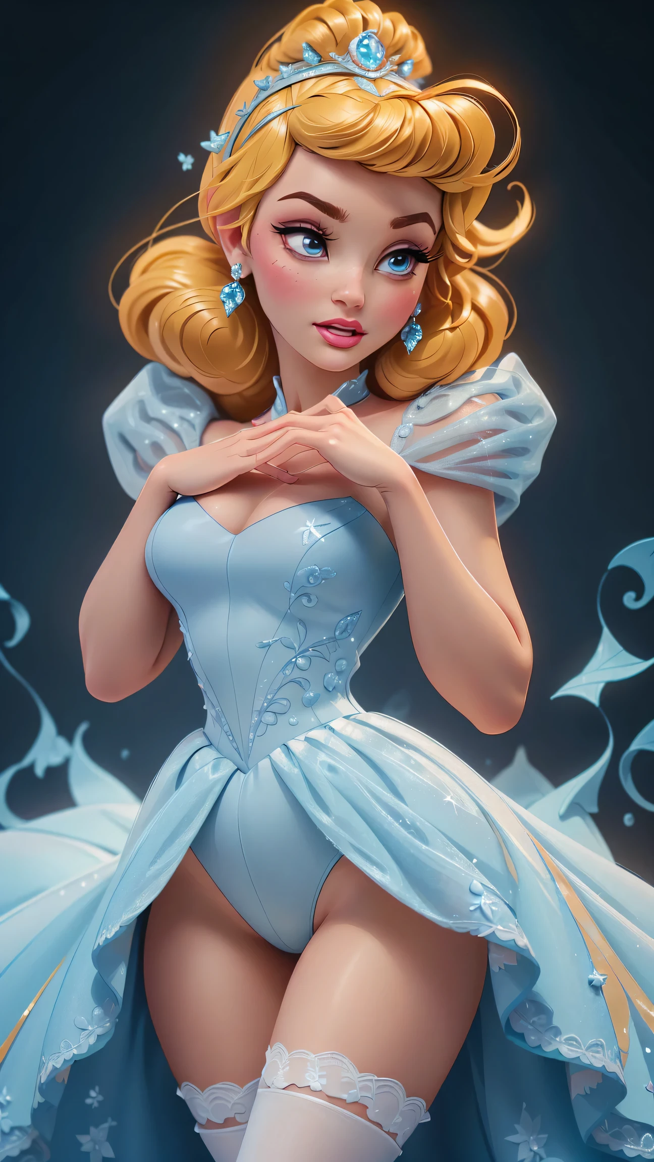 Elsa-Cinderella Fusion, Mesclando modelos, melting, Roupas da Cinderella, 1girl, Beautiful, character, Woman, female, (master part:1.2), (melhor qualidade:1.2), (sozinho:1.2), ((pose de luta)), ((campo de batalha)), cinemactic, olhos perfeitos, pele perfeita, perfect lighting, sorrir, luz, cor, pele texturizada, detalhe, Beleza, maravilha, ultra-detalhado, rosto perfeito, seductive, flirting, (lace lingerie, translucent), (lacy stockings), full body, focus on legs, perfect hands, slutty makeup, hot princess