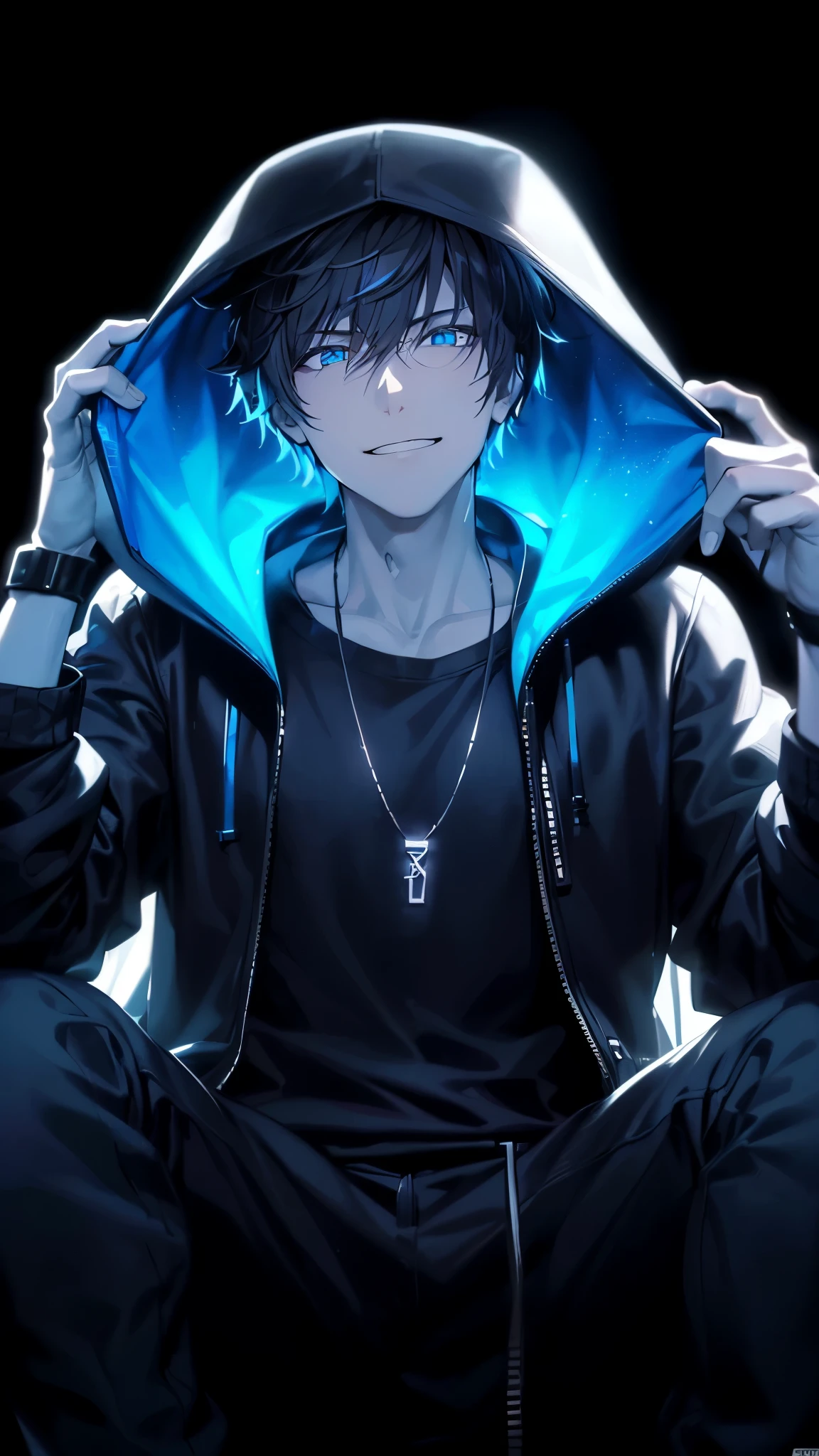a handsome guy、serious expression、please close your mouth、He is wearing a black hoodie and has his hood up.、cool look、blue neon light、Highly Detailed CG Unity 8K Wallpaper, (super masterpiece, beautiful person, well detailed face polluted smile, It's photorealistic, hyper realistic)