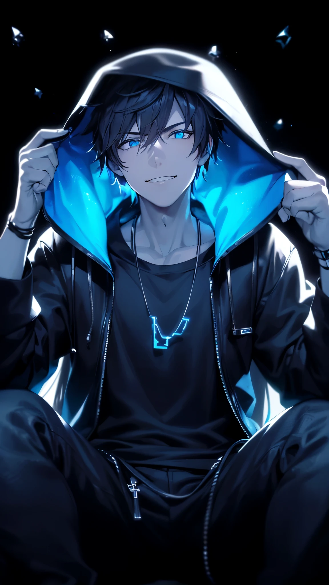 a handsome guy、serious expression、please close your mouth、He is wearing a black hoodie and has his hood up.、cool look、blue neon light、Highly Detailed CG Unity 8K Wallpaper, (super masterpiece, beautiful person, well detailed face polluted smile, It's photorealistic, hyper realistic)