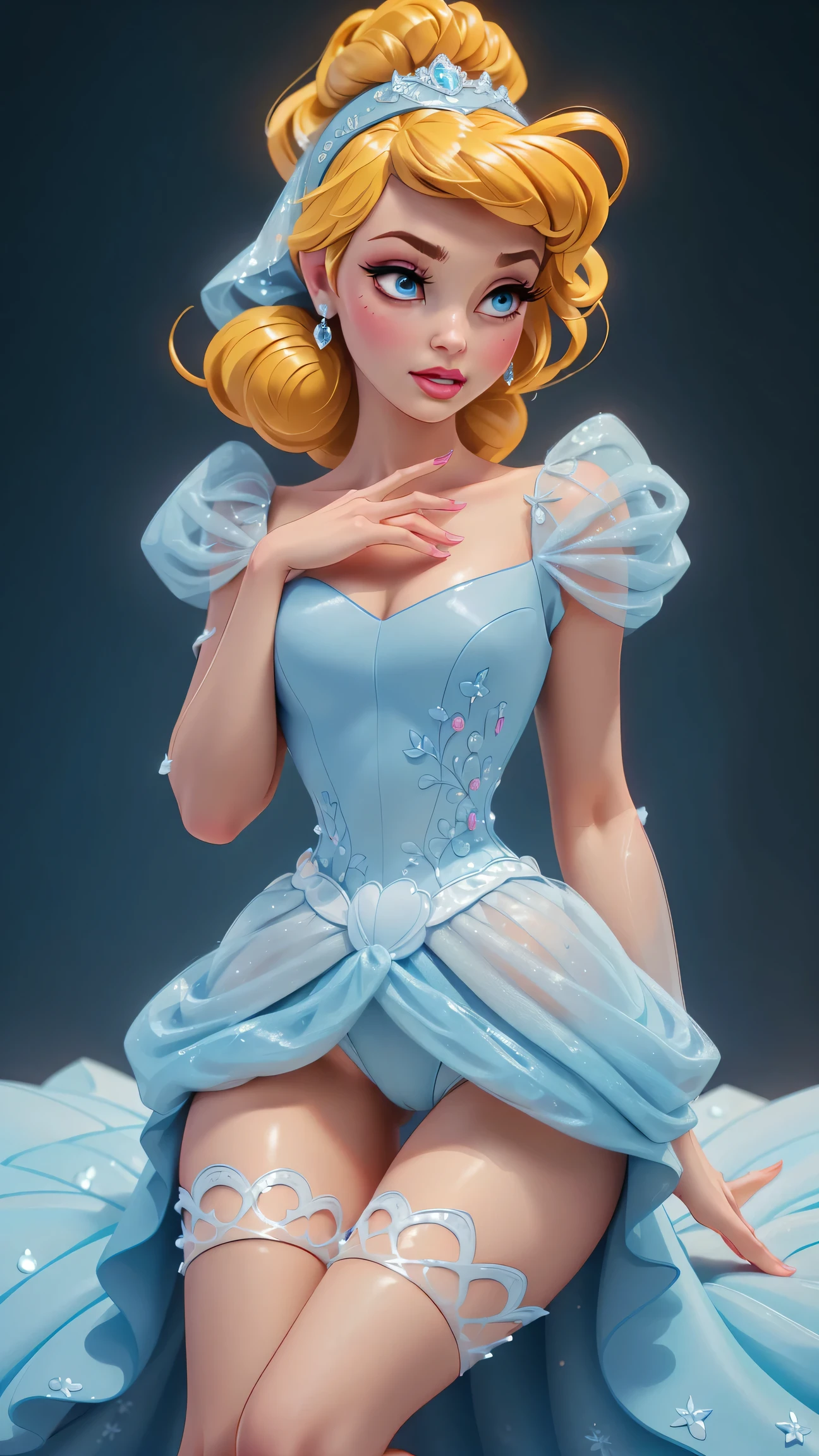 Elsa-Cinderella Fusion, Mesclando modelos, melting, Roupas da Cinderella, 1girl, Beautiful, character, Woman, female, (master part:1.2), (melhor qualidade:1.2), (sozinho:1.2), ((pose de luta)), ((campo de batalha)), cinemactic, olhos perfeitos, pele perfeita, perfect lighting, sorrir, luz, cor, pele texturizada, detalhe, Beleza, maravilha, ultra-detalhado, rosto perfeito, seductive, flirting, (lace lingerie, translucent), (lacy stockings), full body, focus on legs, perfect hands, slutty makeup, hot princess