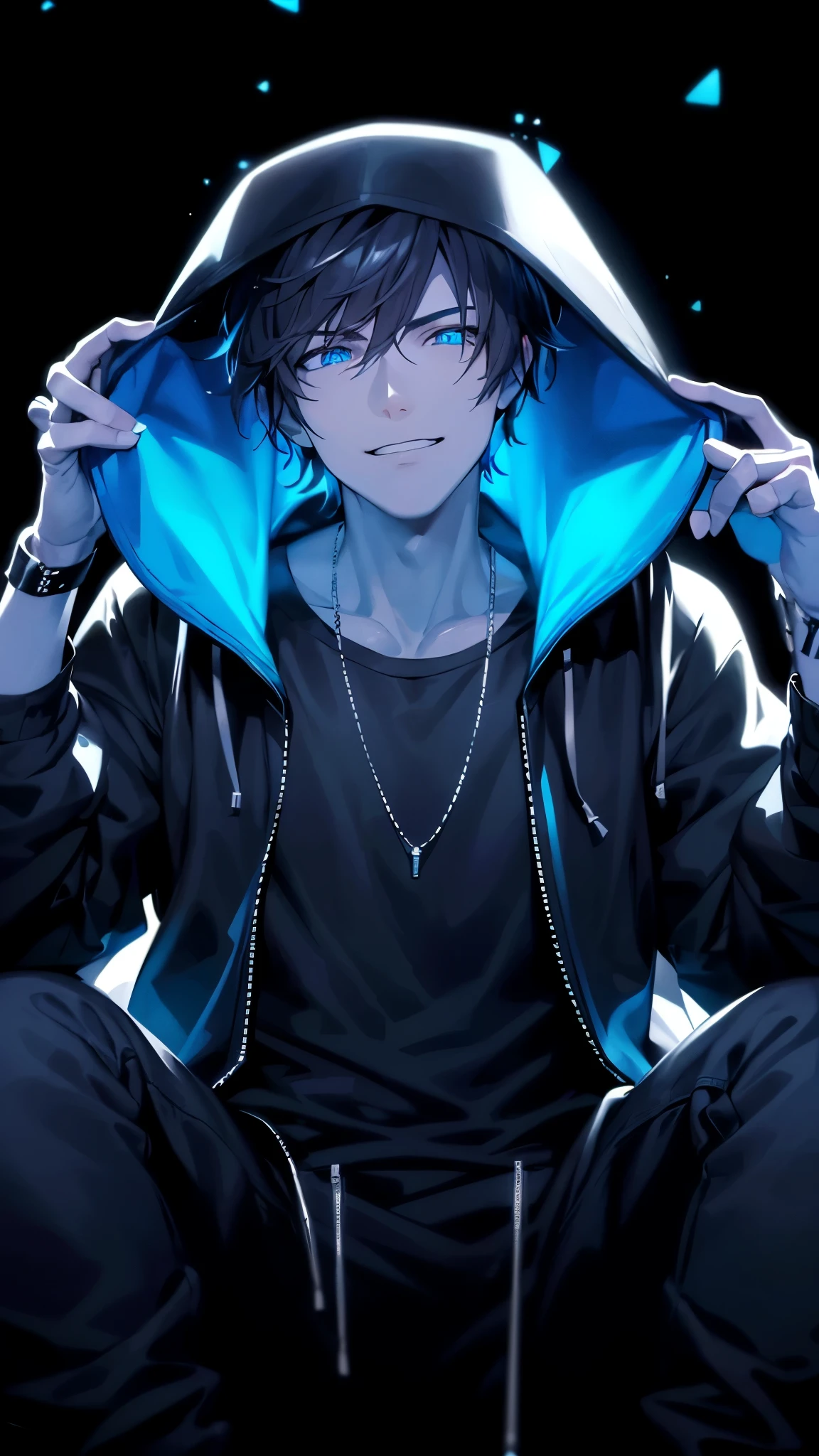 a handsome guy、serious expression、please close your mouth、He is wearing a black hoodie and has his hood up.、cool look、blue neon light、Highly Detailed CG Unity 8K Wallpaper, (super masterpiece, beautiful person, well detailed face polluted smile, It's photorealistic, hyper realistic)