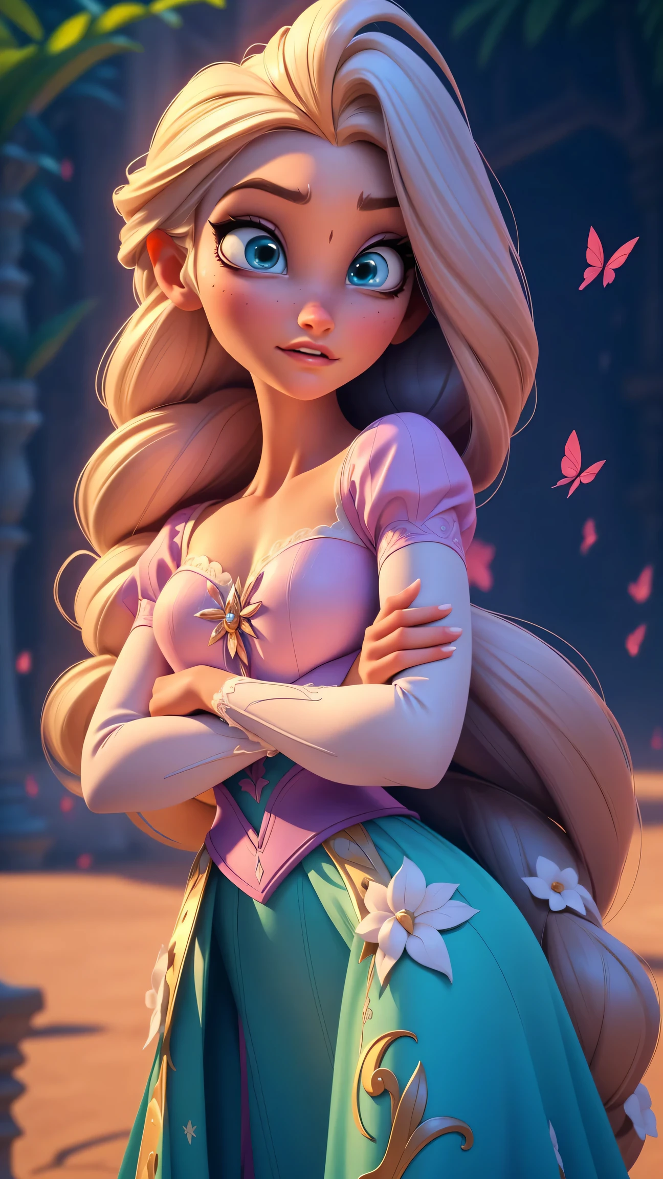 Elsa-Rapunzel Fusion, Mesclando modelos, Roupas da Rapunzel, melting, 1girl, Beautiful, character, Woman, female, (master part:1.2), (melhor qualidade:1.2), (sozinho:1.2), ((pose de luta)), ((campo de batalha)), cinemactic, olhos perfeitos, pele perfeita, perfect lighting, sorrir, luz, cor, pele texturizada, detalhe, Beleza, maravilha, ultra-detalhado, rosto perfeito