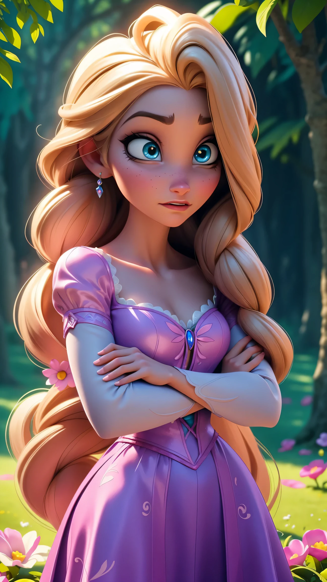 Elsa-Rapunzel Fusion, Mesclando modelos, Roupas da Rapunzel, melting, 1girl, Beautiful, character, Woman, female, (master part:1.2), (melhor qualidade:1.2), (sozinho:1.2), ((pose de luta)), ((campo de batalha)), cinemactic, olhos perfeitos, pele perfeita, perfect lighting, sorrir, luz, cor, pele texturizada, detalhe, Beleza, maravilha, ultra-detalhado, rosto perfeito