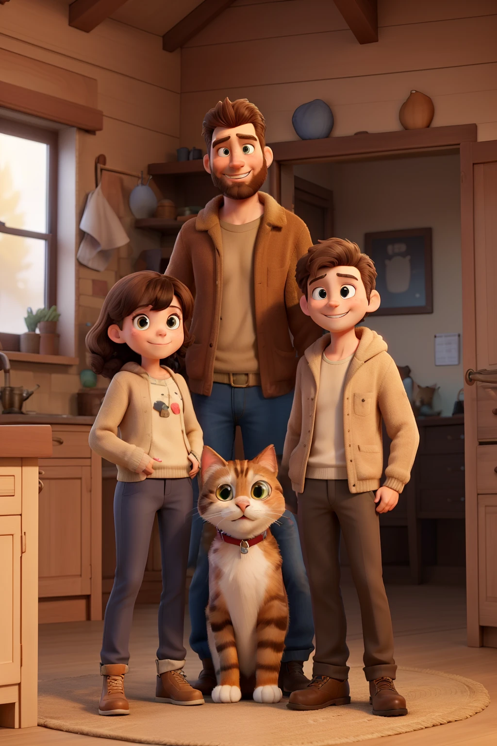 There is a 27-year-old brunette woman with long brown hair, she has a red flannel and beige leather pants with her cat in her arms, the cat is white with black ears, and a 27-year-old man with brunette short brown hair and brown beard with a beige sweater. and blue pants inside their house in front of a yellow wall with a mirror everyone poses for a photo and looks happy

 