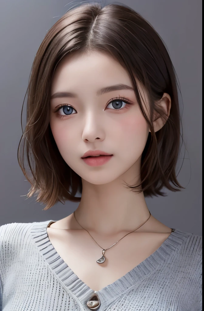 (((highest quality, 8k, masterpiece))), sharp focus, (perfectionな体型を持つ美しい女性), thin, cinematic lighting、perfection、soft light、high resolution skins:1.3、realistic skin texture、30 year old mature woman、small face、no makeup、short hair、dark brown hair、Detailed beautiful eyes、bust B cup、wearing a pendant、wearing a sweater、cool beauty、gray background、