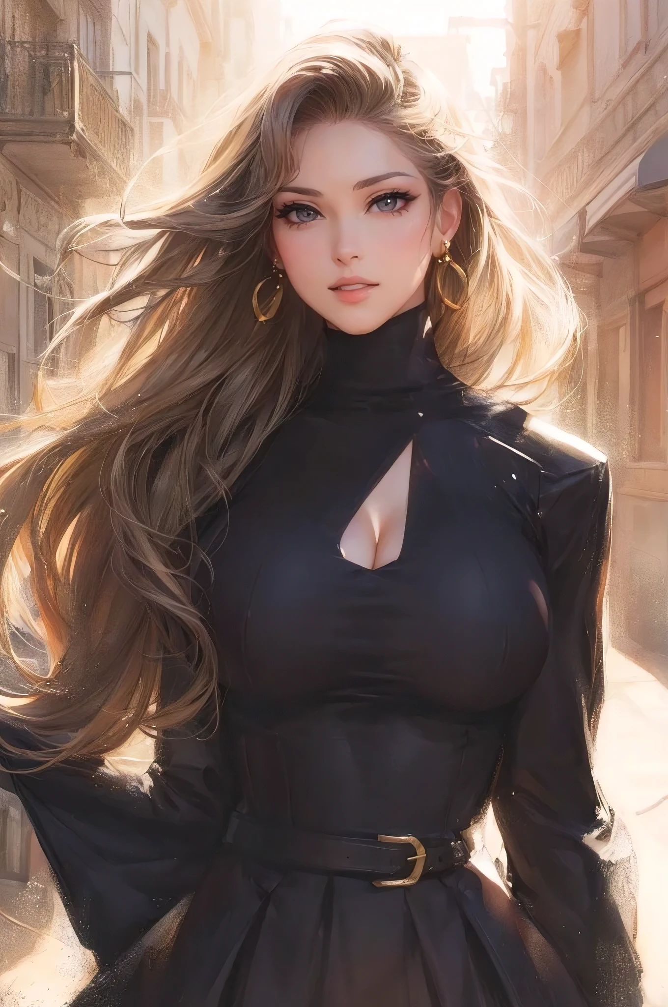 (best quality, masterpiece:1.2), perfect body, large breasts, cleavage, wide hips, big gorgeous eyes, full luscious lips, smile, parted lips, random avant garde fashion, walking pose, city streets, modern medieval, clean lines, vibrant, anime realism by artgerm and donato giancola