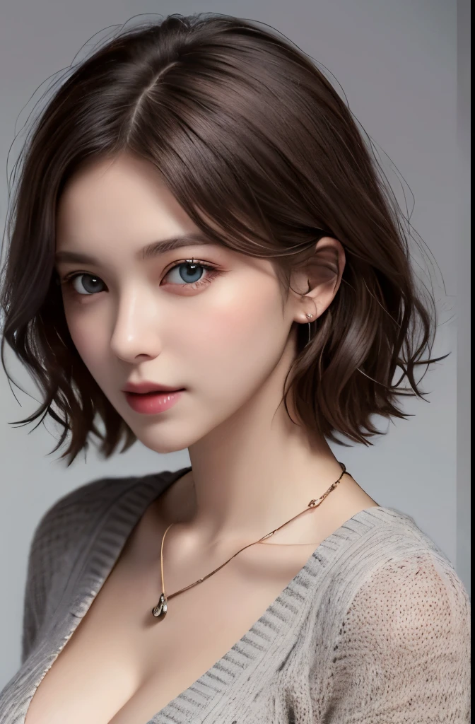 (((highest quality, 8k, masterpiece))), sharp focus, (perfectionな体型を持つ美しい女性), thin, cinematic lighting、perfection、soft light、high resolution skins:1.3、realistic skin texture、30 year old mature woman、small face、no makeup、short hair、dark brown hair、Detailed beautiful eyes、bust B cup、wearing a pendant、wearing a sweater、cool beauty、gray background、