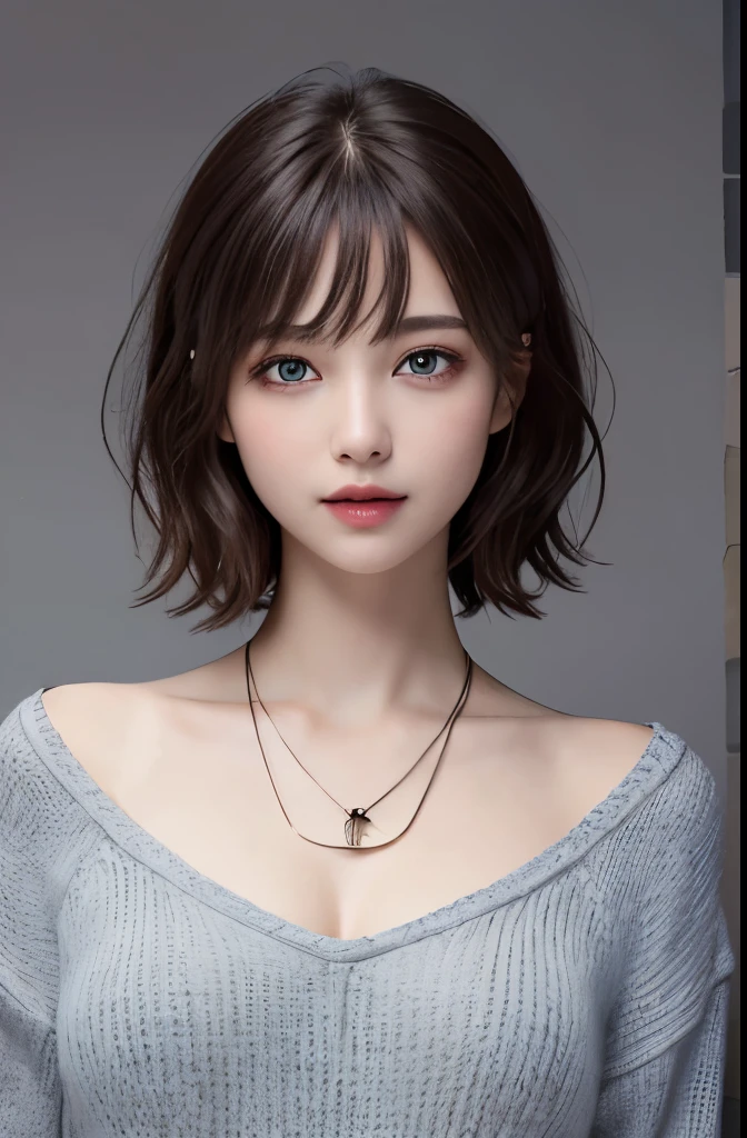 (((highest quality, 8k, masterpiece))), sharp focus, (perfectionな体型を持つ美しい女性), thin, cinematic lighting、perfection、soft light、high resolution skins:1.3、realistic skin texture、30 year old mature woman、small face、no makeup、short hair、dark brown hair、Detailed beautiful eyes、bust B cup、wearing a pendant、wearing a sweater、cool beauty、gray background、