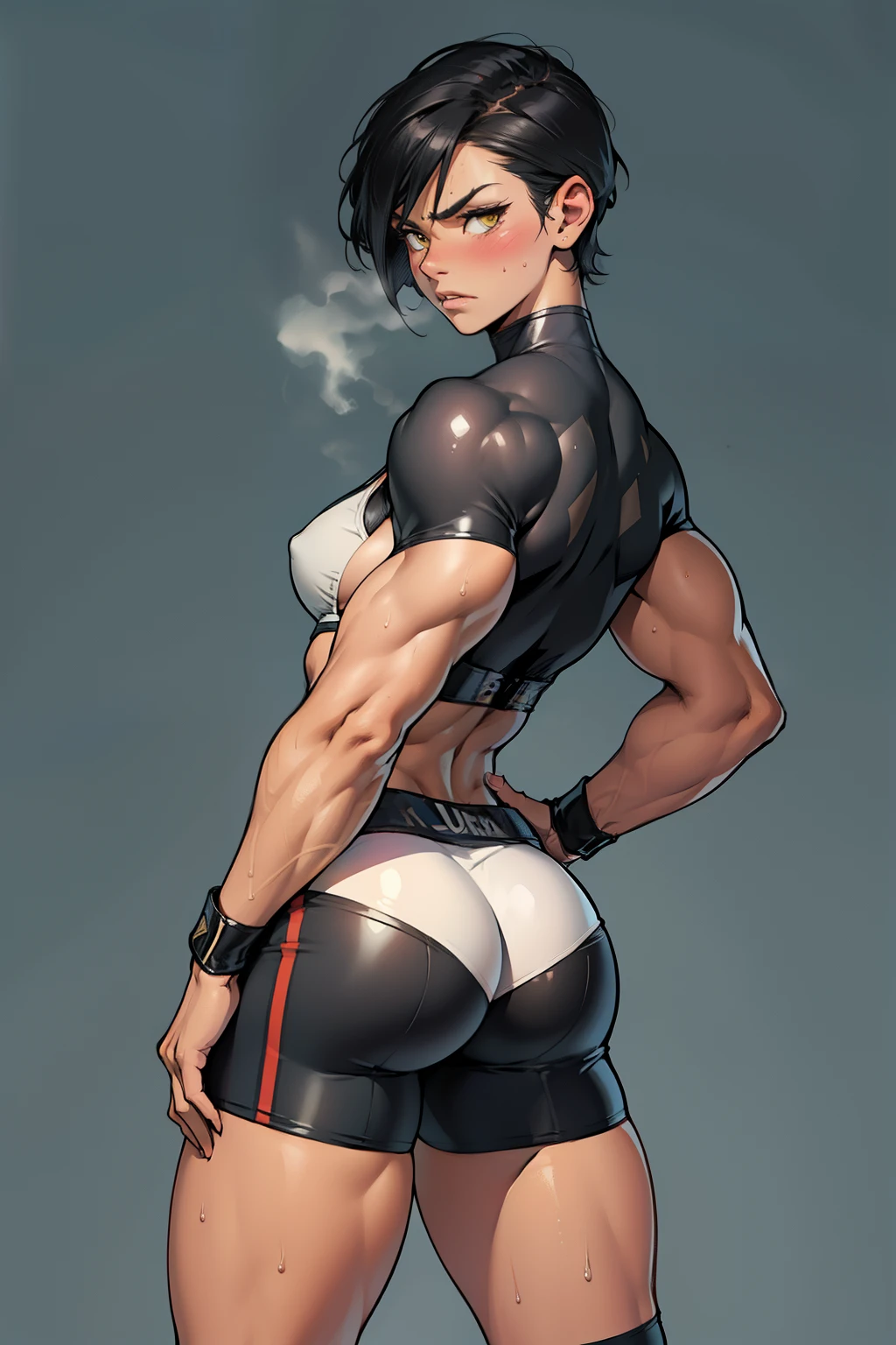 (high resolution, pixel perfect, gorgeous illustrations), (hyper quality, muste piece, etheric: 1.4), ((1girl)), (((nsfw))), (((((hand on own ass))))), (((((stand,open legs))))), ((tattoo)), ((mature woman)), cool atmosphere, (((((very short hair))))), yellow eyes, ((((angry)))), (((blush))), (((((((muscular))))))), ((thick thighs)), (((wide hips))), ((flat chest)), fighter, (((woman))), (((wh_chi_armor))), ((bike_shorts)), (kneehighs), (high heels), lewd woman, (shiny skin), sweat, simple background,