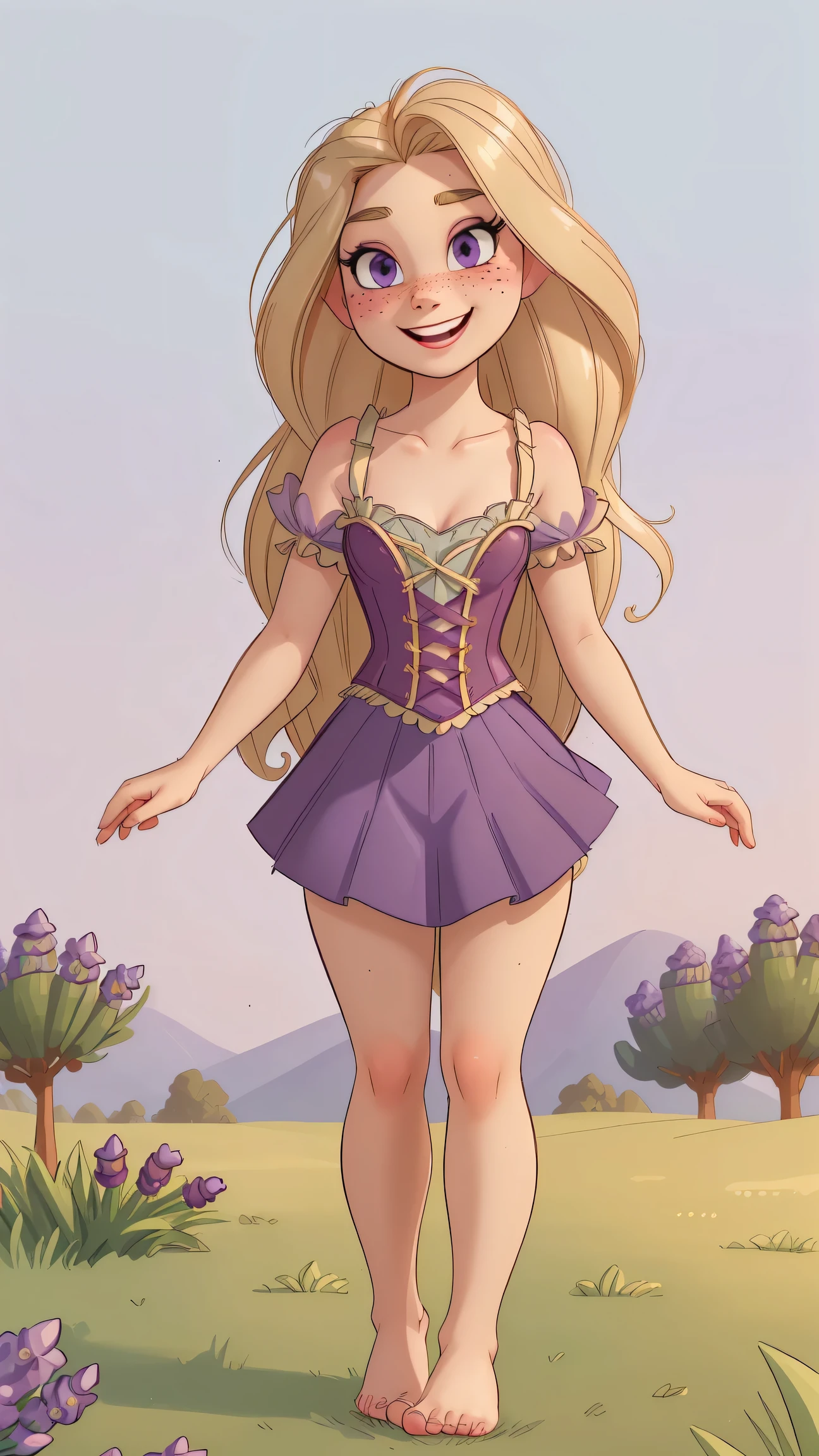 ((best quality, masterpiece:1.2), detailed face: 1.1) rizdraws) ultra-detailed face, soft pointed features, ultra high res, 1 (18yo), australian, looking at viewer, pale skin tone, face freckles, (floor length blonde floating hair), (small bust: 1.2), (blushing, smiling, (wearing "rapunzel" disney tangled costume), ((knee-length: 1.1) flowing (dark) purple skirt), ((lavendar) laced bustier), (no shoes), (standing barefeet on grass)