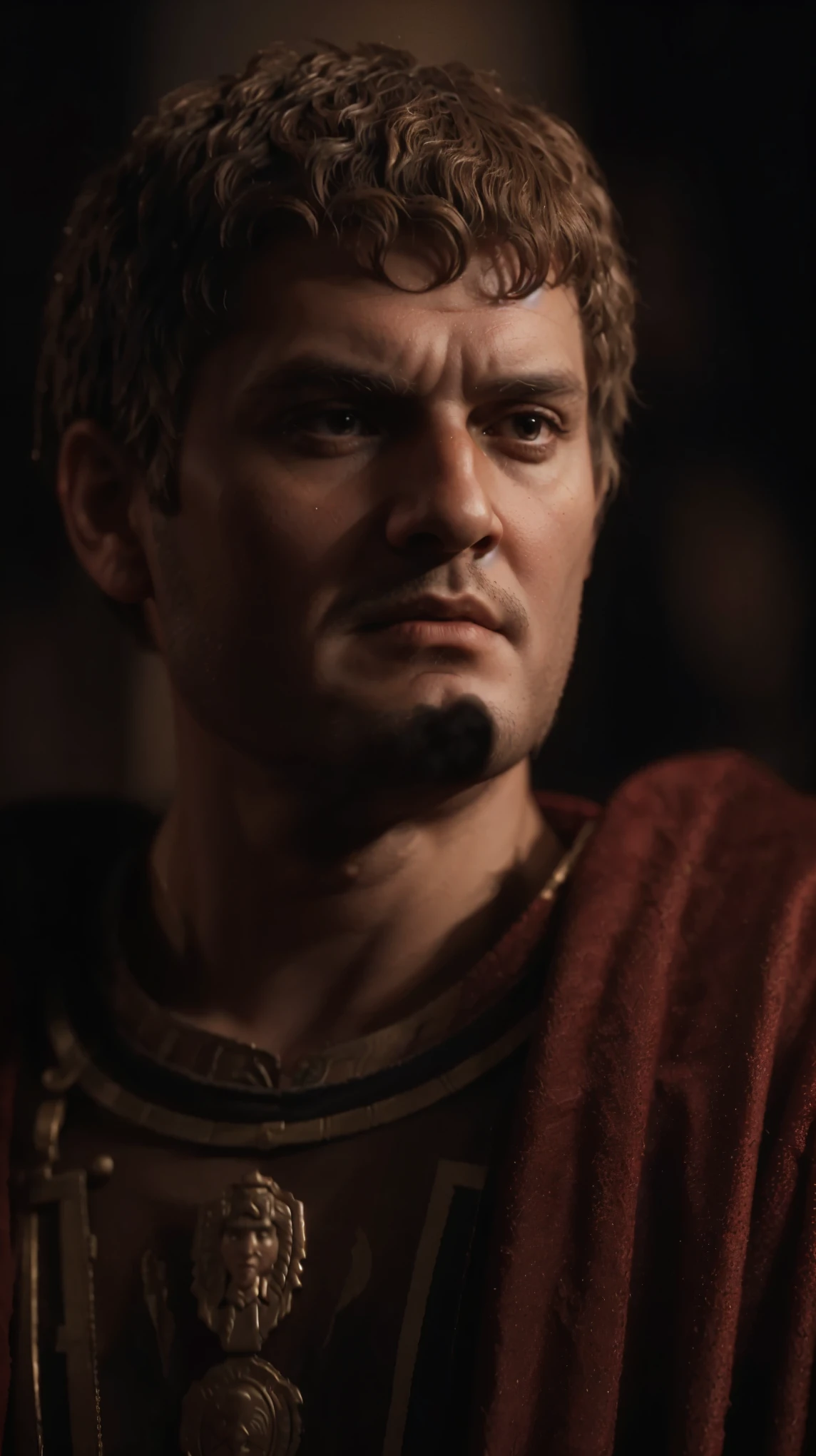 Nero in a red robe and a red cape, realistic restored face, roman emperor, caesar, roman face, aquiline facial features, i played a man from history, detailed realistic faces, movie scene portrait closeup, detailed and realistic faces, emperor, proud emperor, by Pogus Caesar, old cgi 3 d rendered bryce 3 d