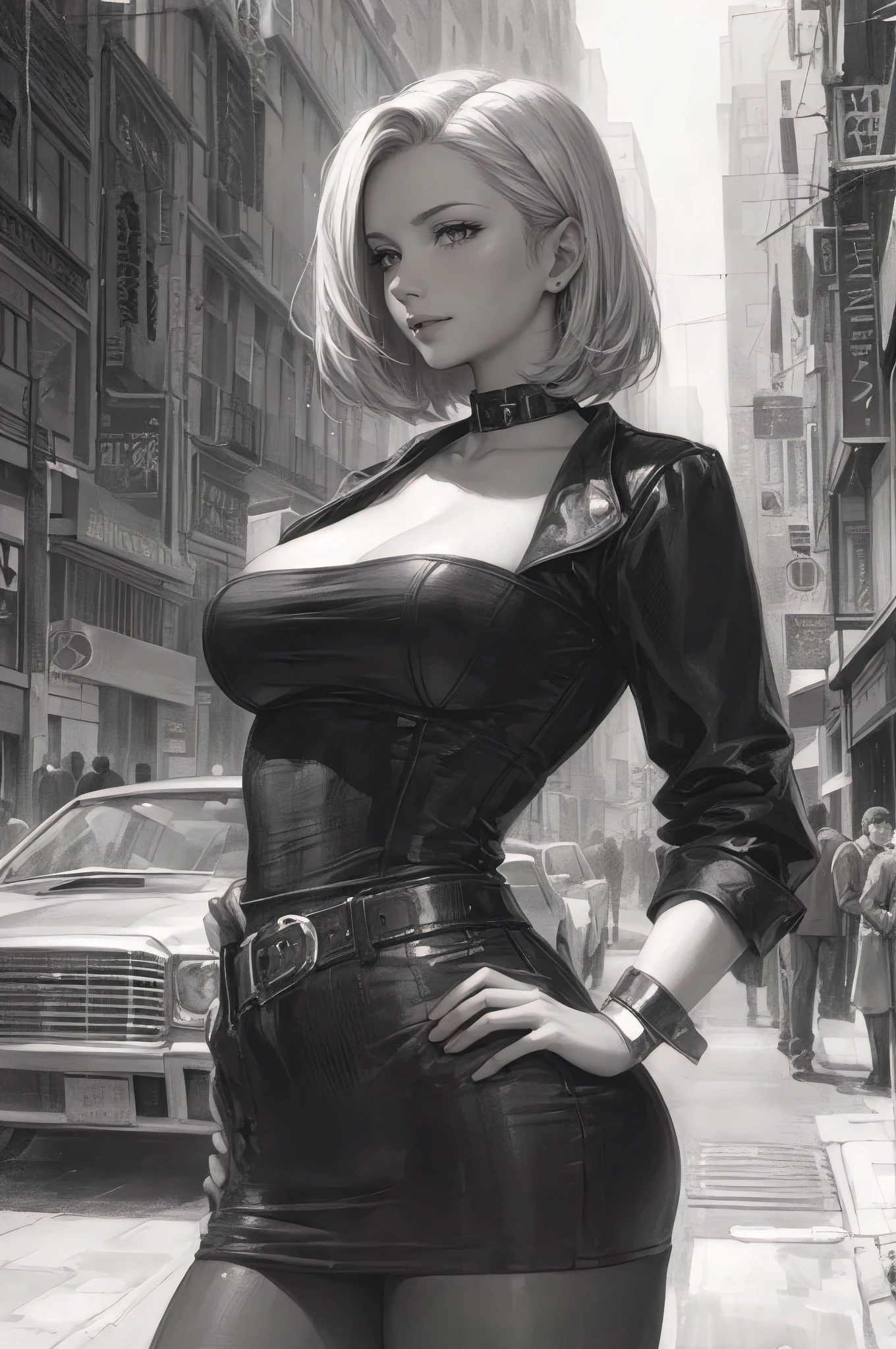 (best quality, masterpiece:1.2), perfect body, large breasts, cleavage, wide hips, big gorgeous eyes, full luscious lips, smile, parted lips, random avant garde fashion, walking pose, city streets, modern medieval, clean lines, vibrant, anime realism by artgerm and donato giancola