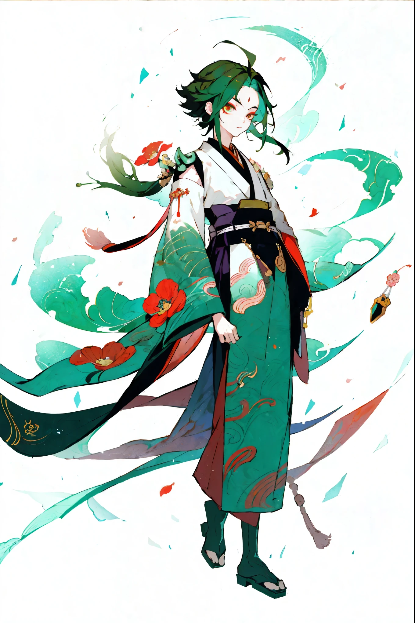 (full body standing painting), alone, masterpiece，best quality，8k，1 boy，dark green hair，best quality，masterpiece，Extremely，Eye focus beautiful eyes， Japanese kimono, Red Lycoris, Flowers of Hell，ghost，(White background), background with，masterpiece, best quality at best, revelation, , Beautiful and detailed light, beautiful and delicate eyes, diaphragm, big forehead,Onmyoji Detailed Art, Oriental traditional art style, beautiful painting style, Ukiyo-style, nightmare reality, Showcasing shades of red and white with a hint of black., masterpiece, top quality, best quality, ultra high resolution