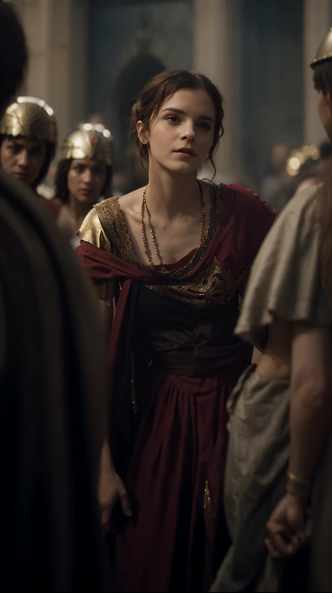 a woman in a red dress standing in a crowd of people, dressed in roman clothes, emma watson as driada, cinematic goddess shot, movie still 8 k, in screenshot from the 300 movie, gorgeous woman, black emma watson as egyptian, film still of gal gadot, 8 k movie still, gorgeous lady, by Micha Klein, cinematic goddess close shot