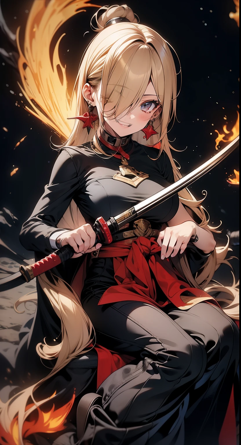 BETTER HANDS, melhores dedos, Rosto ultra detalhado, sorriso perfeito, cinco dedos, perfect hands holding a katana, flame blade, Cabelo rosa