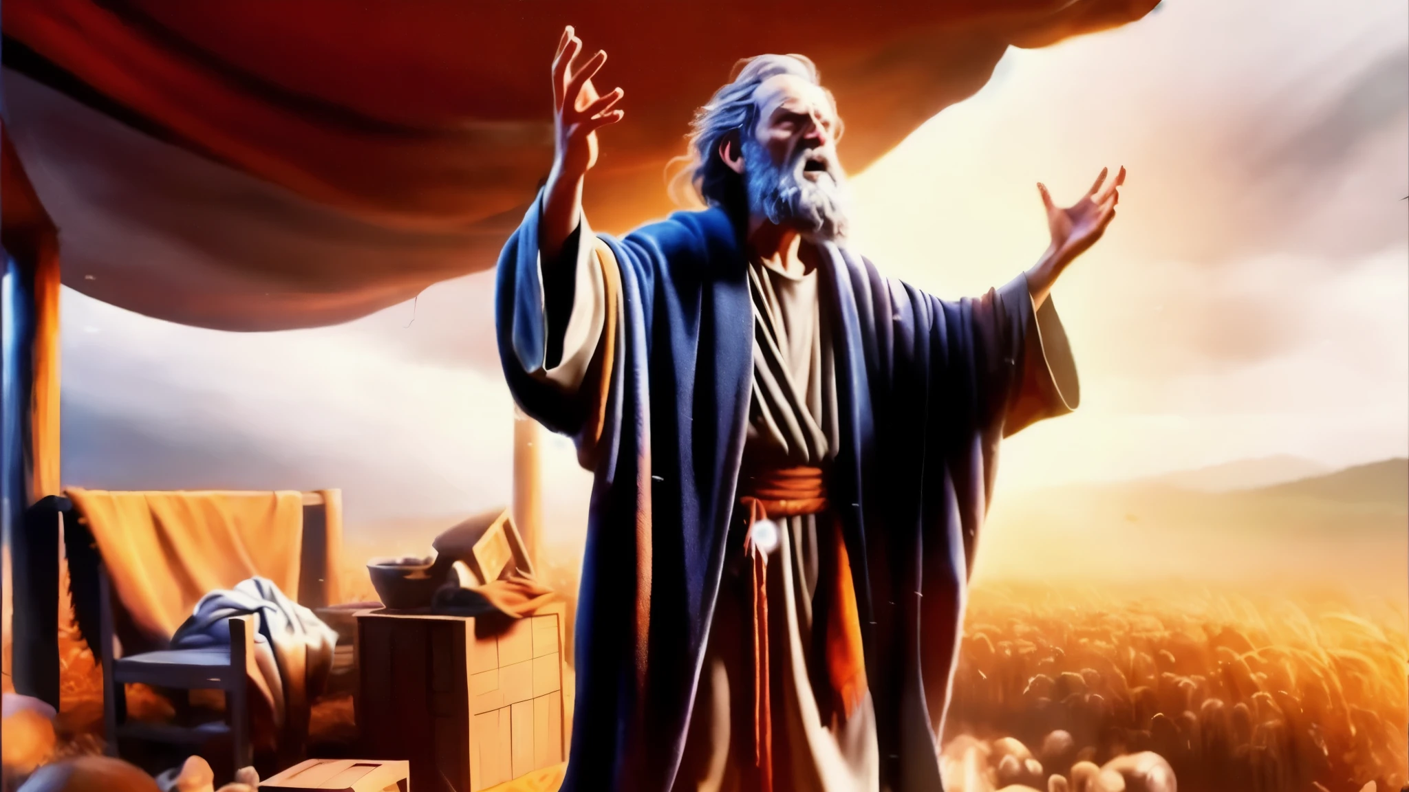 blurred image of a man standing in front of a crowd of people, moisés, epic biblical depiction, por Juan O'Gorman, epic scene of Zeus, bible illustration, fundo onipresente, biblical epic movie, biblical painting, ancient biblical, inspirado em moisés van Uyttenbroeck, biblical, Deus furioso Zeus, por Scott M. Fischer