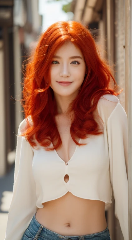 ((Realistic lighting, Best quality, 8K, Masterpiece: 1.3)), Clear focus: 1.2, 1girl, Perfect body beauty: 1.4, Slim abs: 1.1, ((Red hair, Milk: 1.3)), cowgirl pose, (Outdoor, daytime: 1.1), country street, super fine face, fine eyes, double eyelids, curly hair, fair skin smiling