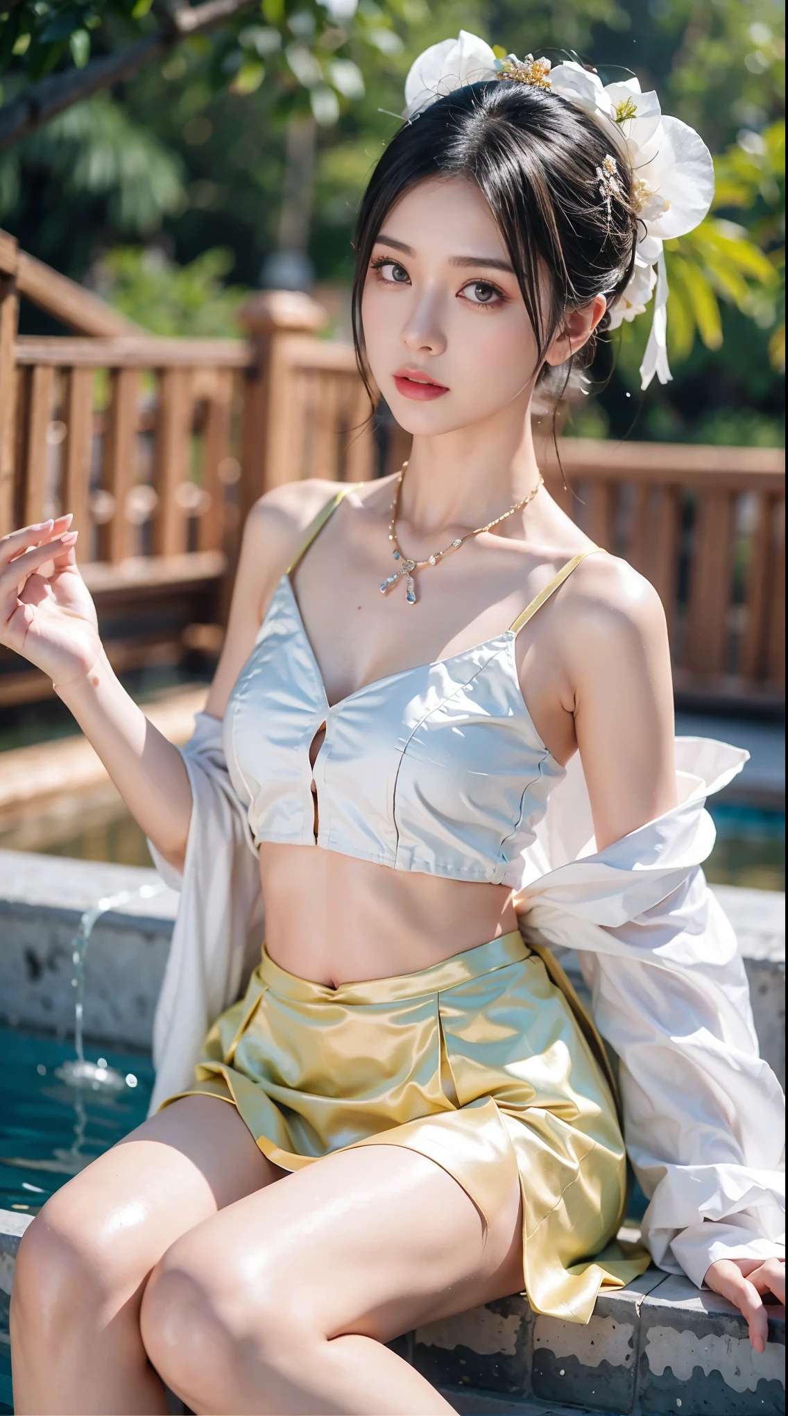 best picture quality，extremely high resolution，Very detailed，stunning girl，sitting in the pool，long eyelashes，big eyes，shining eyes，lying silkworm，plump lips，small nose，a happy expression，Sweet，Exquisite makeup，full-body shot，snow white skin，slim figure，take off shoulders，clavicle，abdomenband，abdomen，abdomen button，Slender white legs，White and tender skin，White embroidered mini skirt，necklace，Showing thighs，lace，Sweet，long hair flying，best quality，masterpiece，full-body shot，facial focus，slim figure，细腰白色abdomenband，imagine，full-body shot
Model: Hanfu, CFG scale: 7, Hire high-end talents: 1.5, Laura: future fashion(0.4)、neon(0.4)、martial arts(0.8)、Asian Face Girls-2(0.4)、poetic fairy tale(0.01)