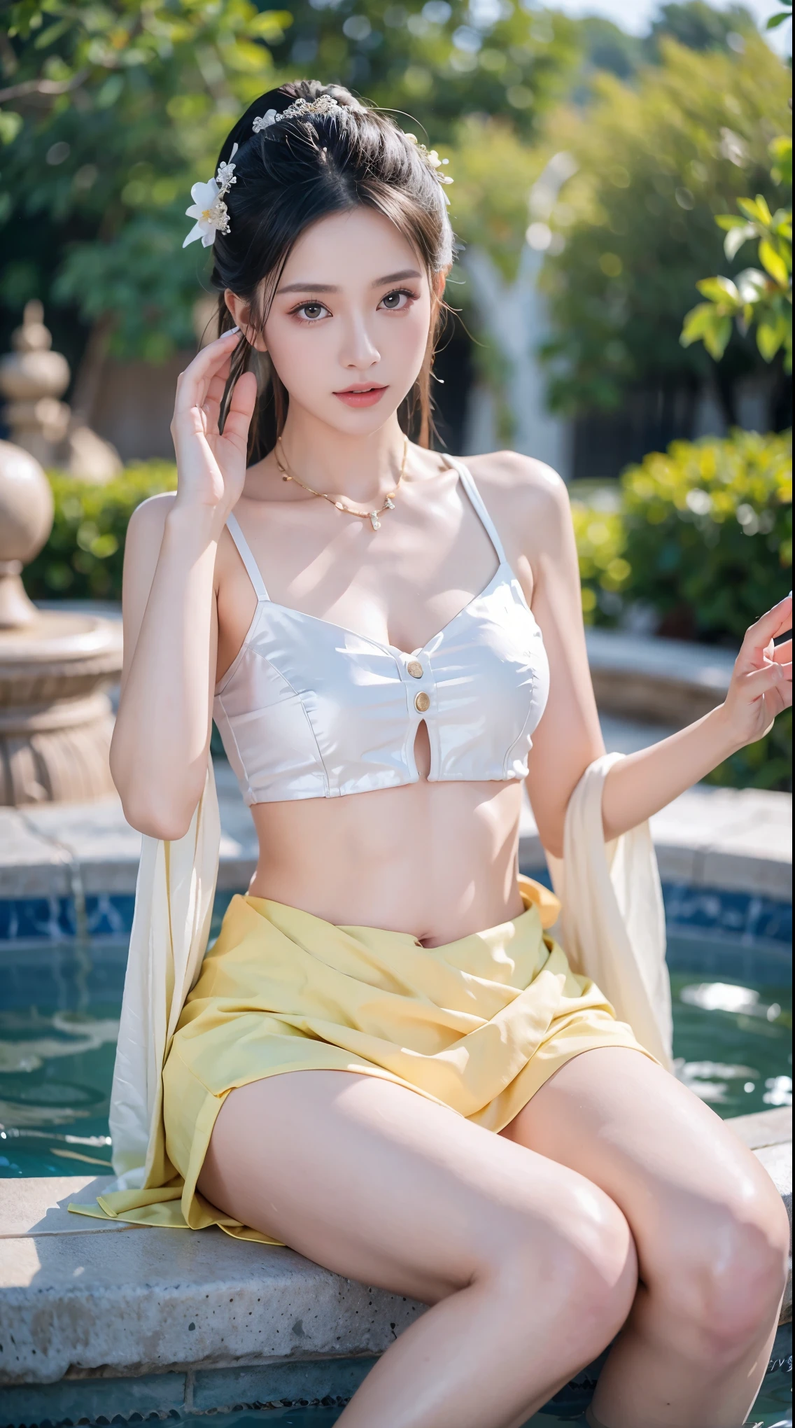 best picture quality，extremely high resolution，Very detailed，stunning girl，sitting in the pool，long eyelashes，big eyes，shining eyes，lying silkworm，plump lips，small nose，a happy expression，Sweet，Exquisite makeup，full-body shot，snow white skin，slim figure，take off shoulders，clavicle，abdomenband，abdomen，abdomen button，Slender white legs，White and tender skin，White embroidered mini skirt，necklace，Showing thighs，lace，Sweet，long hair flying，best quality，masterpiece，full-body shot，facial focus，slim figure，细腰白色abdomenband，imagine，full-body shot
Model: Hanfu, CFG scale: 7, Hire high-end talents: 1.5, Laura: future fashion(0.4)、neon(0.4)、martial arts(0.8)、Asian Face Girls-2(0.4)、poetic fairy tale(0.01)