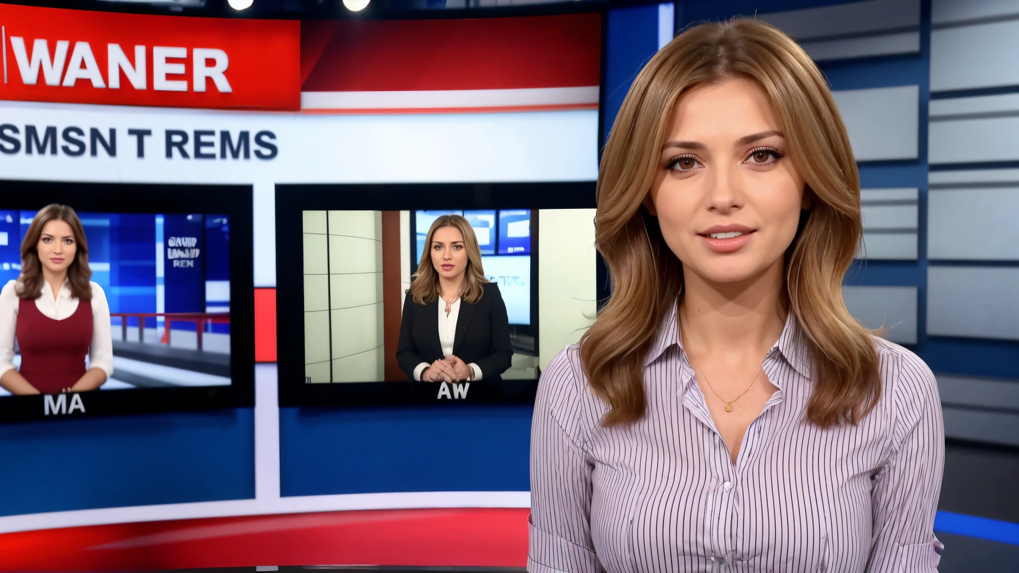journalist woman in a striped shirt is standing in front of a news set, news footage, tv news, editorial footage, news segment, news report, news broadcast, high quality news footage, evening news program, tv footage, breaking news footage, reportage, laura sava, mina petrovic, video still, magdalena radziej, breaking news, video