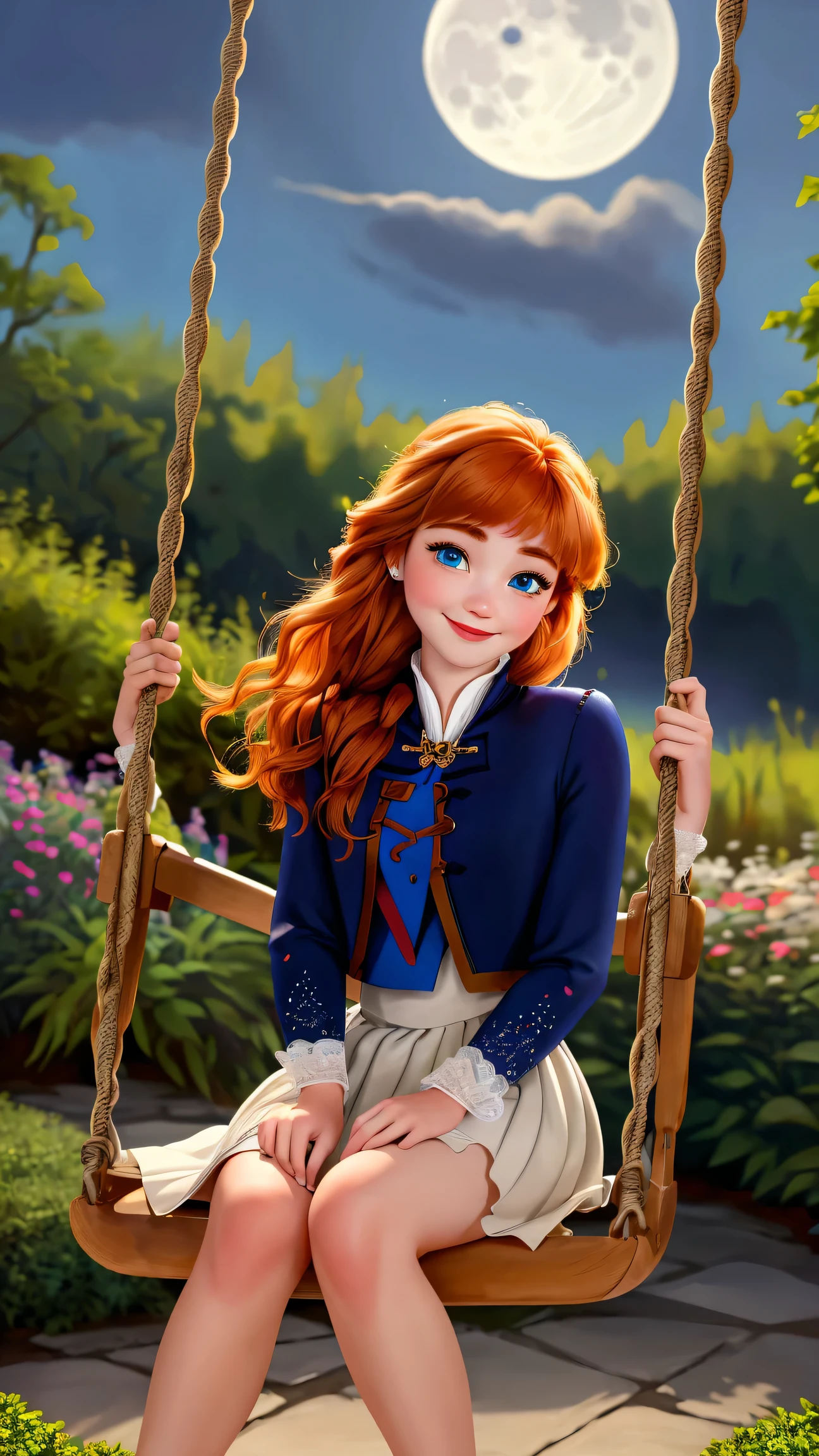 ((ultra detailed, masterpiece, absurdres))
 DisneyAnna, 1girl, orange hair, blue eyes, Seated on a swing in a moonlit garden, she gently pushes herself, a serene smile upon her lips