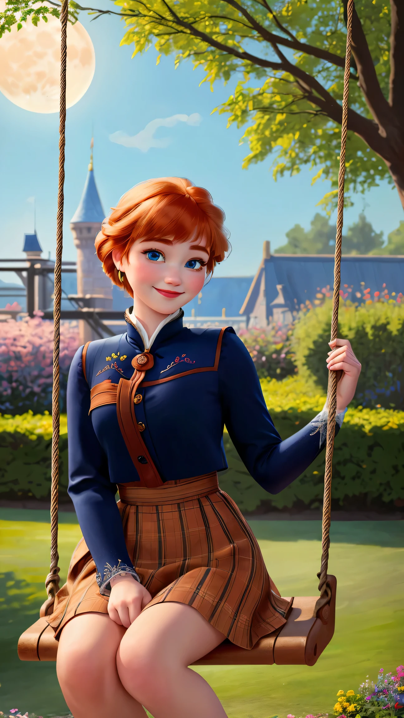 ((ultra detailed, masterpiece, absurdres))
 DisneyAnna, 1girl, orange hair, blue eyes, Seated on a swing in a moonlit garden, she gently pushes herself, a serene smile upon her lips