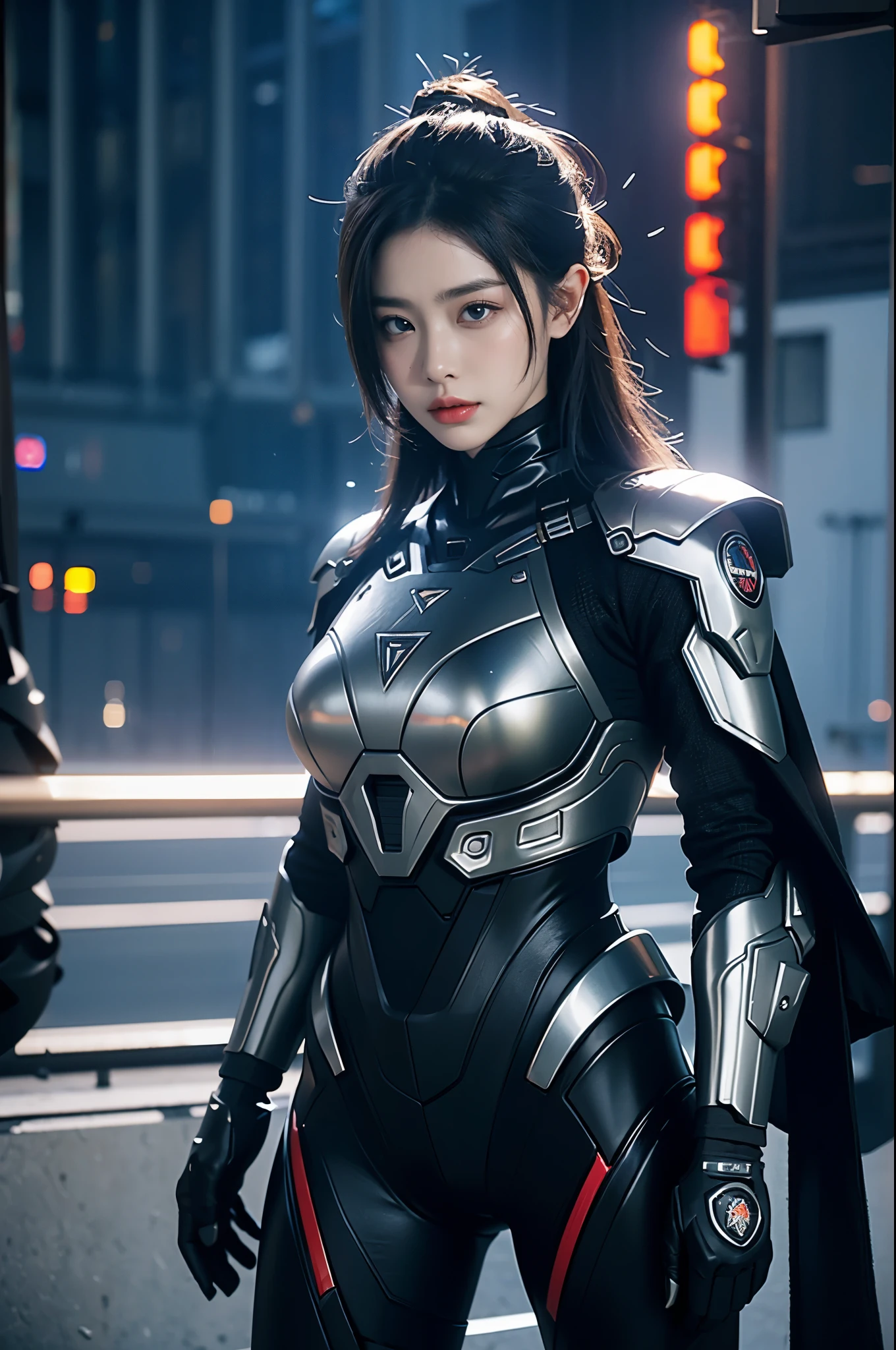 game art，best picture quality，Highest resolution，8k，((A half-length photo))，((portrait))，(rule of thirds)，Unreal Engine 5 rendering works， (Future girl)，(female warrior)， 22-year-old young hacker)，(ancient oriental hairstyle)，(Beautiful eyes full of details)，(big breasts)，(eye shadow)，Elegant and charming，indifferent，((frown))，(Combat suit full of futuristic technology，The costume combines futuristic power armor and，Clothing is decorated with glittering patterns and emblems)，cyberpunk characters，in the style of futuristic， photo poses，city background，lamp，Ray tracing，Game CG，((3D Unreal Engine))，OC rendering reflection pattern