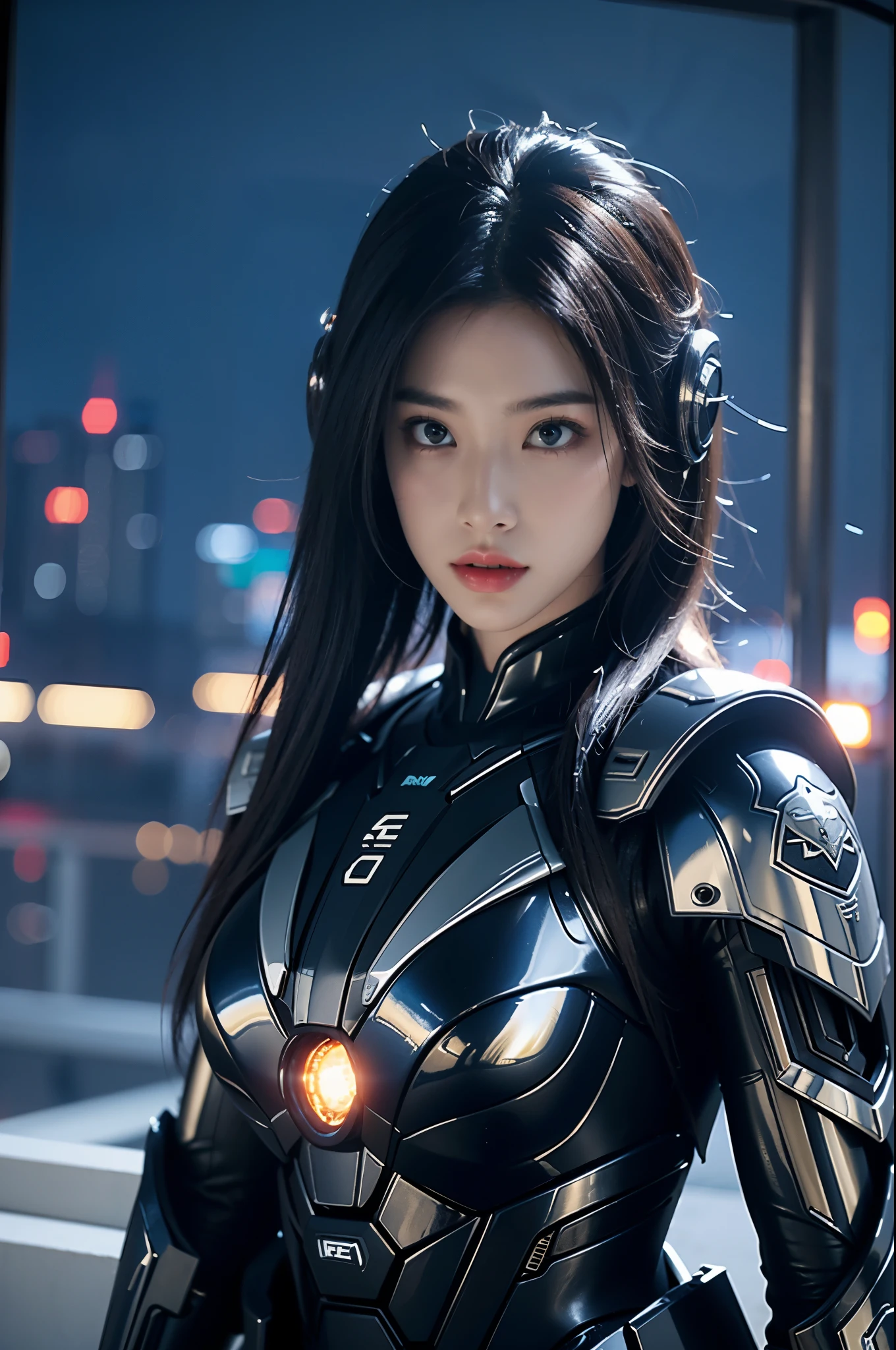 game art，best picture quality，Highest resolution，8k，((A half-length photo))，((portrait))，(rule of thirds)，Unreal Engine 5 rendering works， (Future girl)，(female warrior)， 22-year-old young hacker)，(ancient oriental hairstyle)，(Beautiful eyes full of details)，(big breasts)，(eye shadow)，Elegant and charming，indifferent，((frown))，(Combat suit full of futuristic technology，The costume combines futuristic power armor and，Clothing is decorated with glittering patterns and emblems)，cyberpunk characters，in the style of futuristic， photo poses，city background，lamp，Ray tracing，Game CG，((3D Unreal Engine))，OC rendering reflection pattern