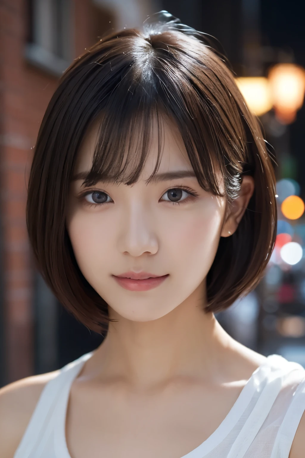 close-up photo of face、1 girl, (white classy tank top:1.2), (RAW photo, highest quality), (realistic, Photoreal:1.4), table top, very delicate and beautiful, very detailed, 2k wallpaper, wonderful, finely, very detailed CG Unity 8K 壁紙, super detailed, High resolution, soft light, beautiful detailed girl, very detailed目と顔, beautifully detailed nose, detailed and beautiful eyes, cinematic lighting, night city lights, perfect anatomy, slender body, smile