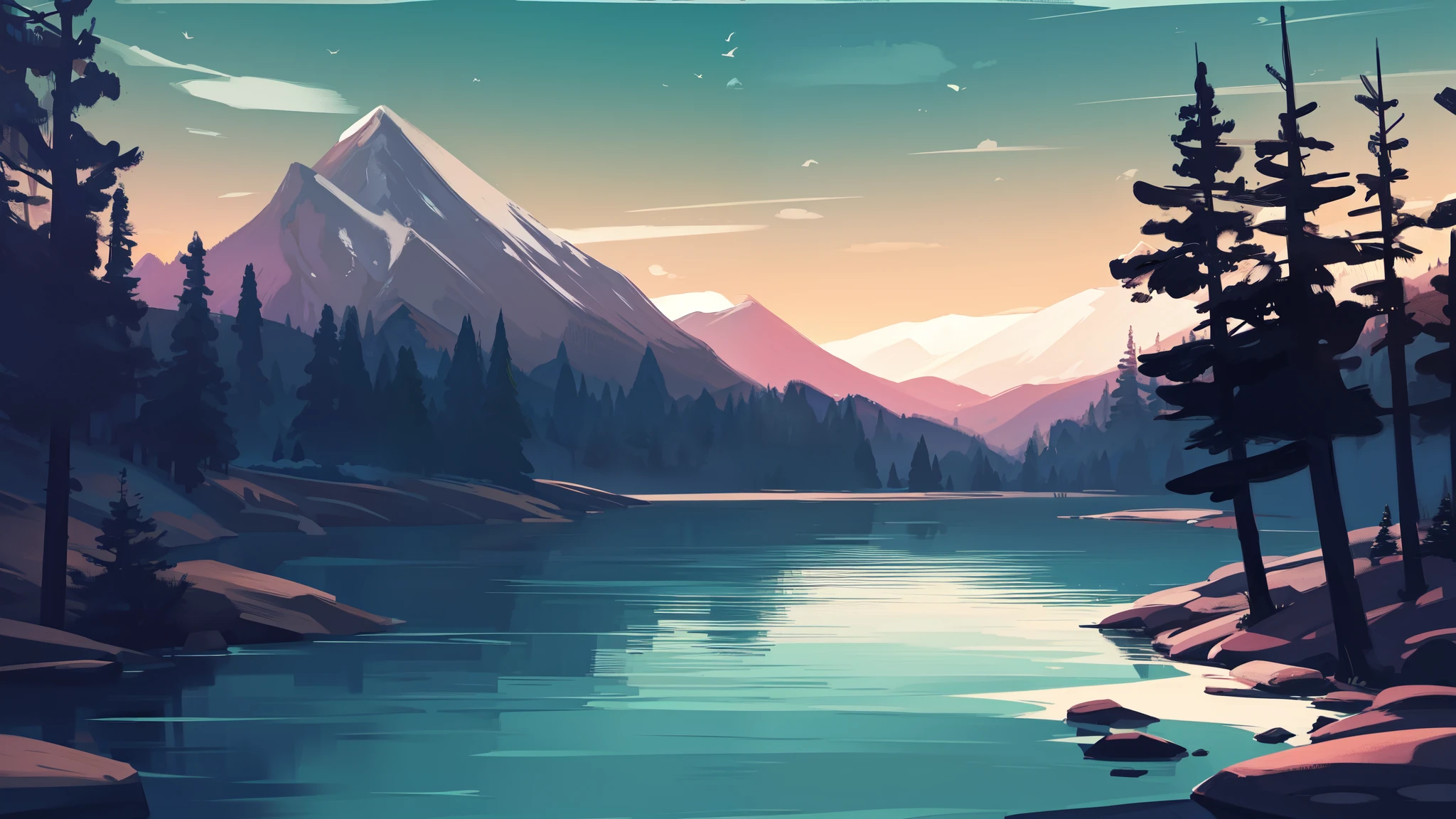 lake and trees々A painting depicting a mountain landscape with, Beautiful art UHD 4K, landscape artwork, landscape wallpaper, digital landscape art, calm night. digital illustration, Nature landscape at night, background artwork, detailed painting 4k, 4K HD wallpaper illustration, 4K HD illustration wallpaper, 4K detailed digital art, 4K digital painting, 4K digital painting