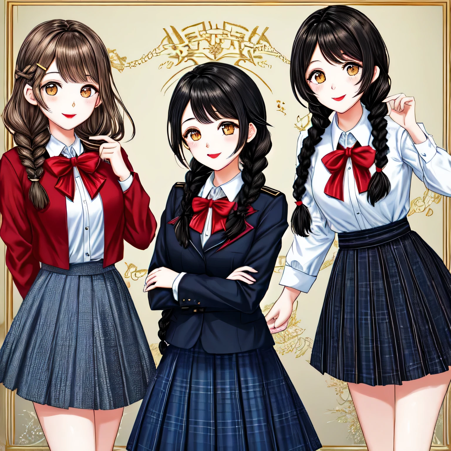 highest quality, (masterpiece:1.2), very detailed, Three girls are loving something important, Open your mouth with lipstick on it, nice smile, brown eyes, (((black hair))), 17 years old, long braids, big shiny hair clip, school uniform, Dark blue and navy plaid skirt, middle long skirt, white shirt, A luxurious navy blazer with a golden emblem on the left chest, big red ribbon on the chest, lipstick、very shiny hair、laughter、bright look、The light makes my face and hair shine, The corners of the eyes are drooping, cute braids, I&#39;m so happy I can jump up, The expression of a maiden in love, (((twin braid hair))), The skirt fabric has a beautiful deep blue checkered pattern., A shy expression staring at the viewer, double eyelid, long eyelashes