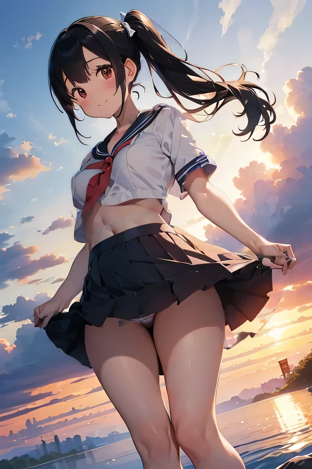 ((Sailor uniform that falls vertically from the chest: 1.8)), ((Panties are visible through the raised skirt: 1.8)),((beautiful big breasts: 1.5)), ((Ideal big: 1.5)), ( (Beautiful upward facing breasts: 1.4)),  ((White sailor uniform fluttering in the wind: 1.4)), ((Two thin white lines on black sailor collar: 1.4)). ((Sailor uniform spreading in the wind: 1.5)).((A loose-fitting sailor uniform that hides your body lines: 1.5)), ((Beautifully raised mons pubis: 1.6))
