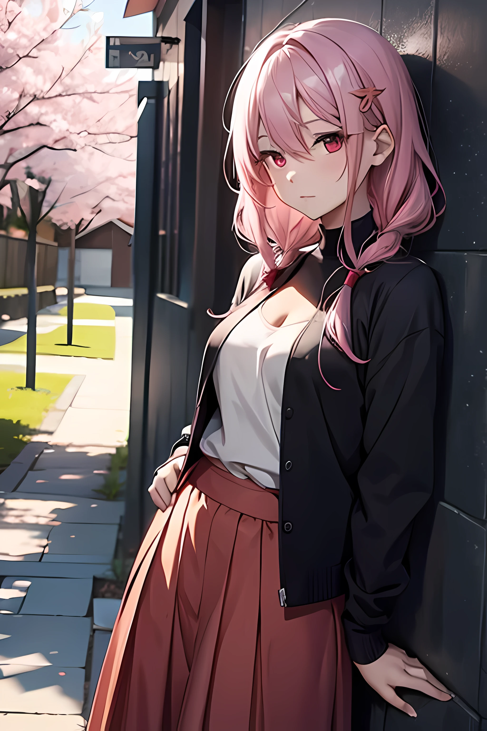 yuzuriha_inori, cherry blossom trees in background, wearing plain black shirt, long skirt, 1girl, solo, small breasts, pink hair, red eyes, looking at viewer