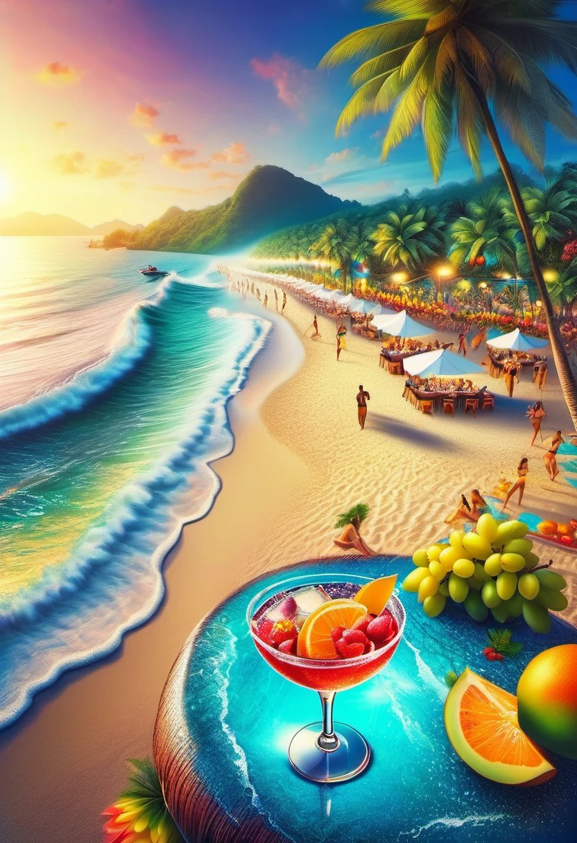 night beach party. bright colors, Detailed and intricate beach , people playing with water splashing.wave beach.coconut tree..Relaxing and happy atmosphere. Ray tracing, Vignetting, Wide-angle lens, super wide angle, best qualitycinematic lighting, depth of field, outside border, negative space, l,(best quality,4k,8k,high resolution,masterpiece:1.2),Super detailed,(actual,photoactual,photo-actual:1.37),anatomically correct...In the foreground there is champagne on the banquet table.wine glass.fruits and desserts.best composition.